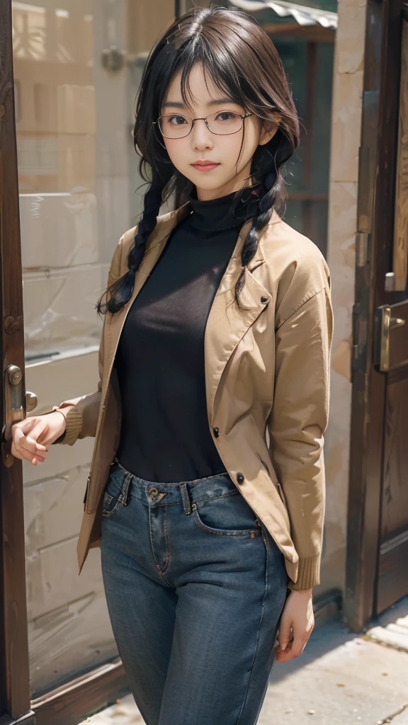 masterpiece, highest quality, one woman, Japanese people in their 20s, (black hair, very short hair, two braids, curly hair), (symmetrical beauty, small face, sharp outline, thick eyebrows, dark eyebrows, realistic eyes, double eyelid, droopy eyes, small nose, thick lips, close your mouth), (smile, shy smile), (glasses, 縁が薄いglasses, 小さいglasses, レンズが小さいglasses, square lens), (wheat-colored skin, realistic skin texture, I cup breasts, Slightly plump body type), (jacket:long beige coat, inside:black turtleneck sweater(Hemming), pants:dark blue long jeans, brown long boots), (Are standing, Show the whole body, Even the shoes are shown), The background is a building district, (face directly toward the camera, looking directly at the viewer, looking at the camera, The whole body is facing towards the viewer., whole body facing towards the camera, face looks straight into the camera).