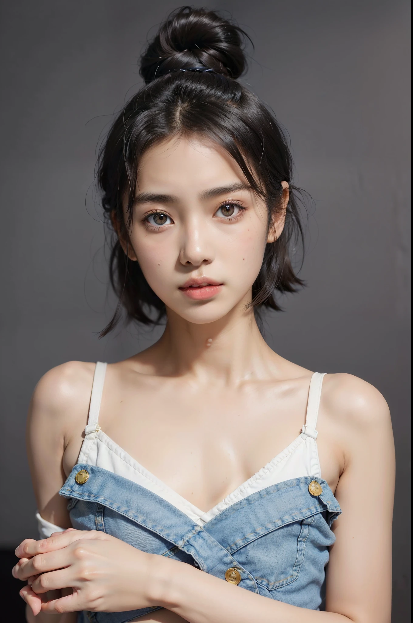 (1girl), (18-year-old tanned Asian girl), (black hair: 1.5), (2 hair buns), (lip gloss), (brown-colored eyes), (small nose), (eyeliners), (eye shadows), (light makeup), (small flat busts: 1.7), (eyes looking at the camera), (sexy white bikini: 1.1), (sexy black denim shorts: 1.3), (body hair), (skin imperfections: 1.3), ((adult body ratio))