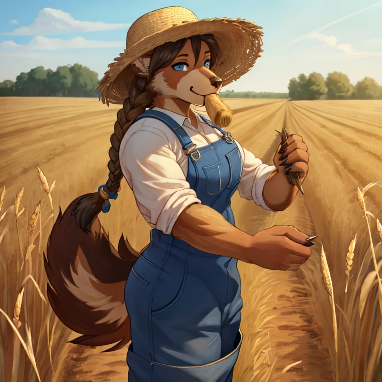 Closeup of a A feminine Muscular 7 foot tall Tan Furred spirit grizzly with long black claws and bright tan colored fur, blue eyes, and long viking braid down his back. Wearing overalls, a farmer's hat with a piece of wheat in her mouth. Standing in farm fields during the daytime. Alone by herself