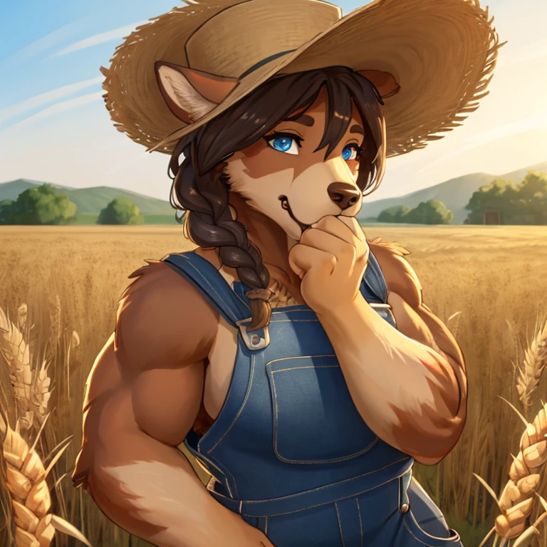 Closeup of a A feminine Muscular 7 foot tall Tan Furred spirit grizzly with long black claws and bright tan colored fur, blue eyes, and long viking braid down his back. Wearing overalls, a farmer's hat with a piece of wheat in her mouth. Standing in farm fields during the daytime. Alone by herself