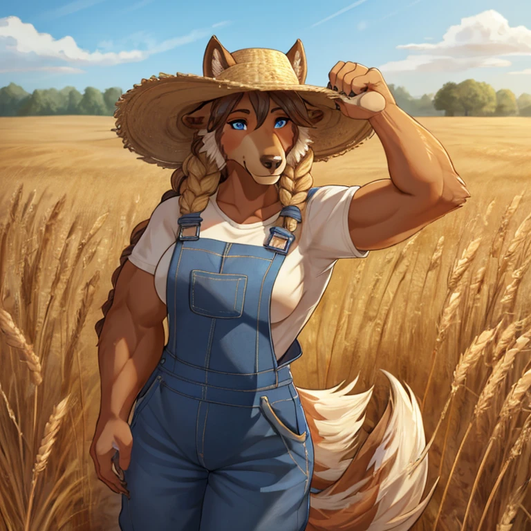 Closeup of a A feminine Muscular 7 foot tall Tan Furred spirit grizzly with long black claws and bright tan colored fur, blue eyes, and long viking braid down his back. Wearing overalls, a farmer's hat with a piece of wheat in her mouth. Standing in farm fields during the daytime. Alone by herself