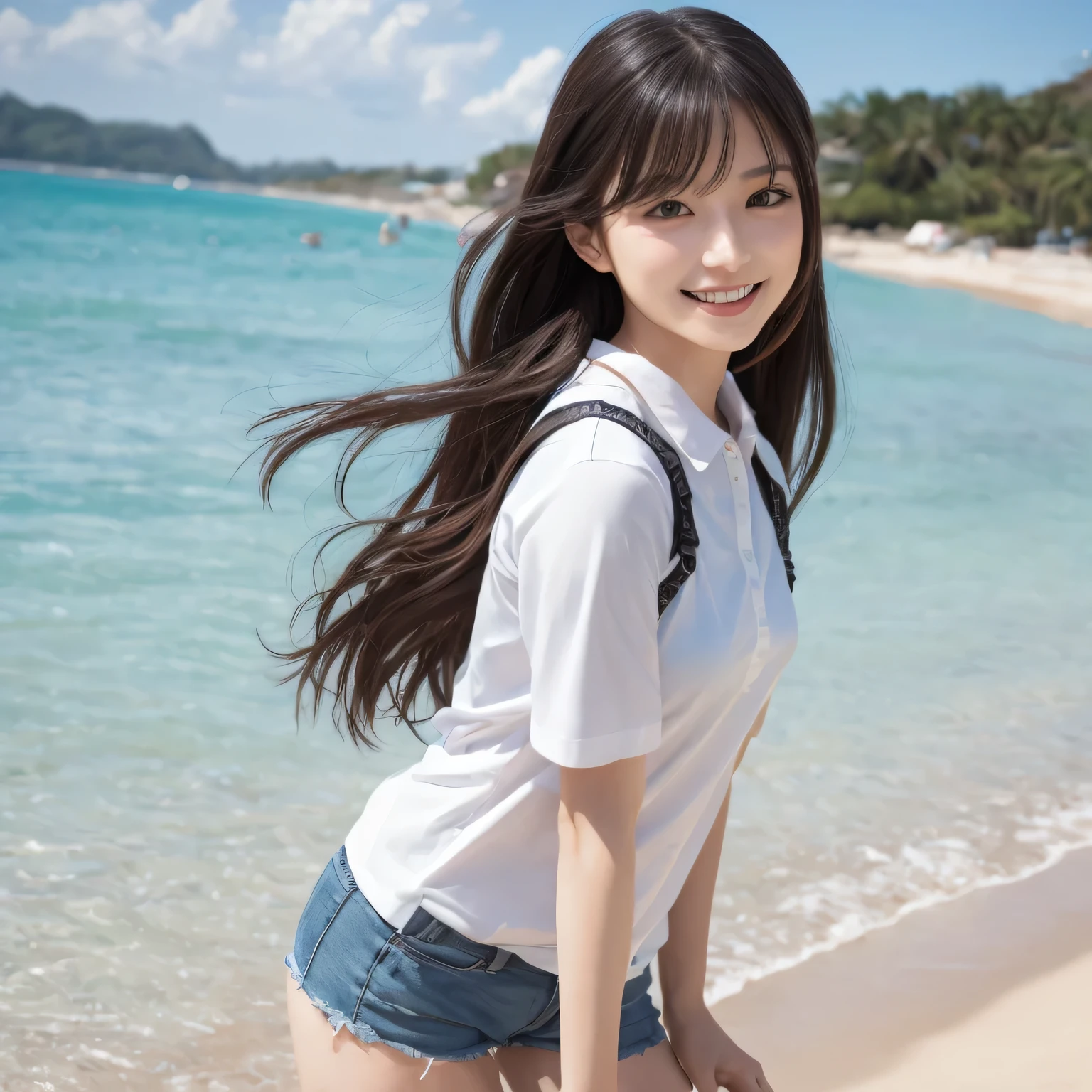 on the table, best quality, illustration, Super detailed, fine details, high resolution, 8k wallpaper, Perfect dynamic composition, Beautiful and delicate eyes,whole body摄影,show your whole body、collared shirt、long gray hair, Bold sexy pose,Smile,Harajuku、20 year old girl、huge :1.5、Look at the sexy shots of the camera, whole body, Rear view、Holding a bouquet of flowers,standing at the beach
