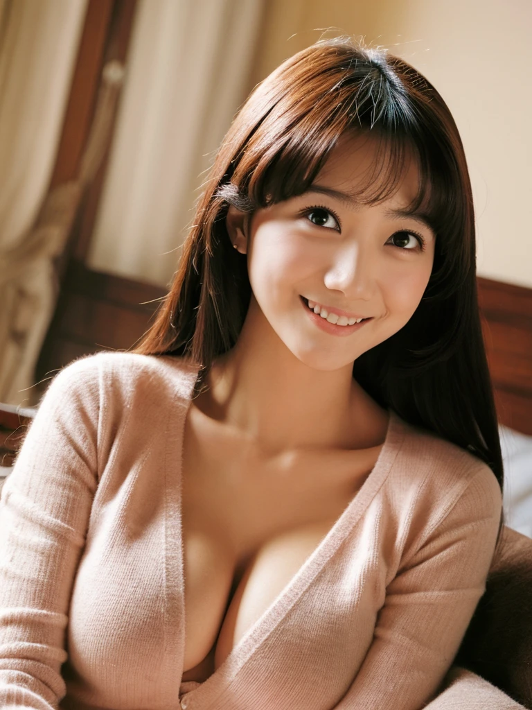 (Highly realistic photos, High resolution, detailed face, fine eyes) thin japanese woman, late 20s, cute face, Variety of facial expressions, long hair, slim figure, no text, thin waist, I'm wearing a cardigan, sexy, duck mouth, big breasts, Do not expose the chest, one girl lying in bed, smile