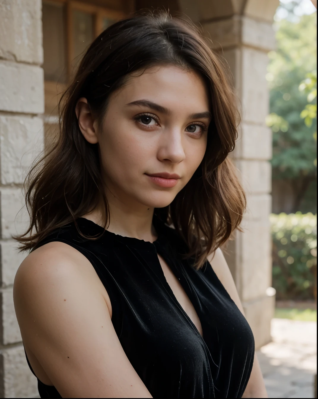 Cute beautiful sexy European light-green-eyed brunette, 22 years old,
girl in a black velvet dress, stylish velvet dress, full body view, velvet black dress, black dress, elegant dress, castle ruins, nature,
innocent face, face-length 1.3 times the face-width, almond-shaped eyes, squared face-shape, high cheekbones, naturally wavy hair, light-green eyes, high-res, masterpiece, best quality, intricate details, very detailed, sharp focus, detailed skin, realistic skin texture, texture, detailed eyes, professional, 4k, charming smile, shot with Canon, depth of field, Kodak Vision color, perfectly fitting body, extremely detailed, photo_\( ultra\), photorealistic, realistic, post processing, maximum details, roughness, real life, ultrarealistic, photorealism, photography, 8k UHD, photography