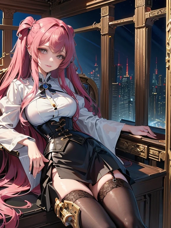(((masterpiece)))、((highest quality))、(super detailed)、(CG illustration)、(very beautiful girl))、cinematic light、((1 Mechanical Girl))、 SF、Apocalypse、Erotic grotesque、graduate School(beautiful and luxurious:1.2)、(1 girl:1.3)、facing the front,deep dark blue long hair,corset,high waist skirt,