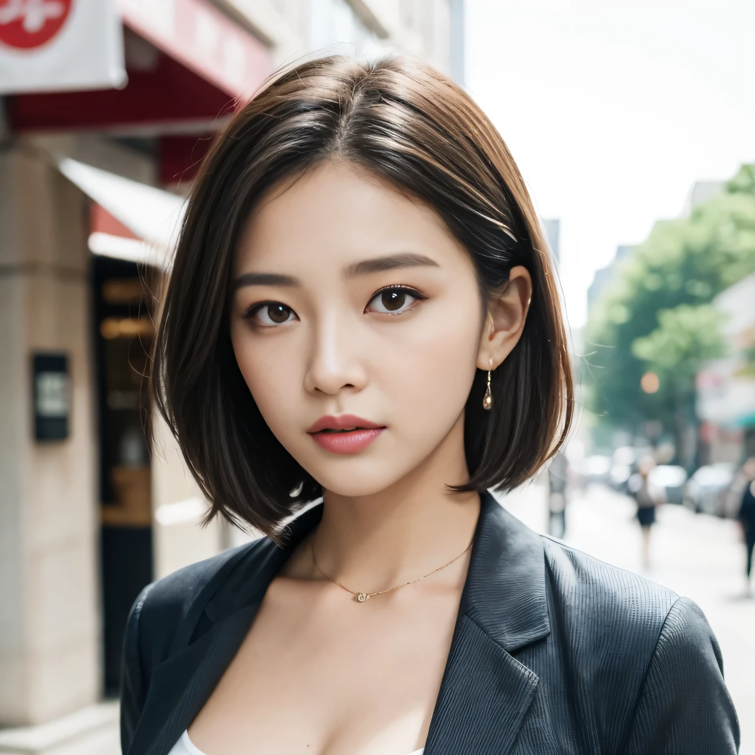 1 girl, alone,breast，  looking at the audience, short hair, brown hair, shirt, black hair,  brown eyes, jewelry,  earrings, parted lips, , mole, vague, lips, mole under eye,actual, nose