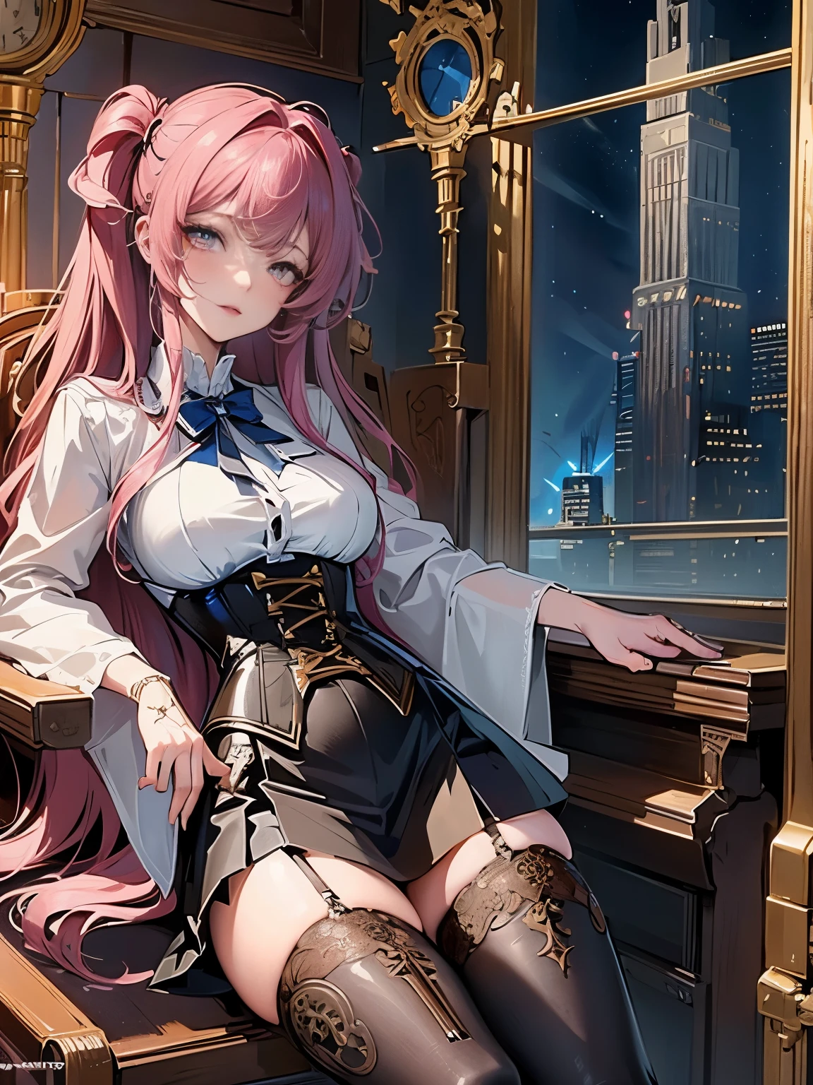 (((masterpiece)))、((highest quality))、(super detailed)、(CG illustration)、(very beautiful girl))、cinematic light、((1 Mechanical Girl))、 SF、Apocalypse、Erotic grotesque、graduate School(beautiful and luxurious:1.2)、(1 girl:1.3)、facing the front,deep dark blue long hair,corset,high waist skirt,