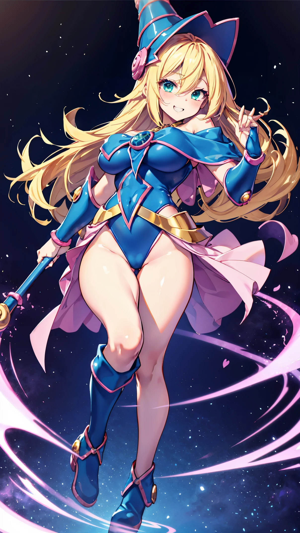 Black Magician Girl、super breasts、thick thighs、blonde hair、magic circle、8K, 4k, highest quality, High resolution: 1.2),winking、One breast exposed、cute anime face、Pink blush on cheeks、noise removal、Leotard that bites into、have a cane、Hold your cane、Rear view、Turning around、full body portrait、T-back that digs into your butt、Glowing green eyes、Laughter