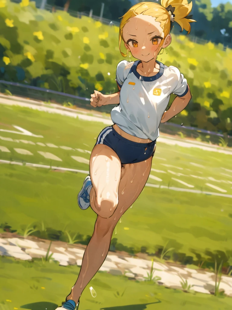 1girl, Forehead exposed, smile, full body shot, sports bra, bloomer, garden, Super detailed, Super Shot, muste piece, running, sweat,