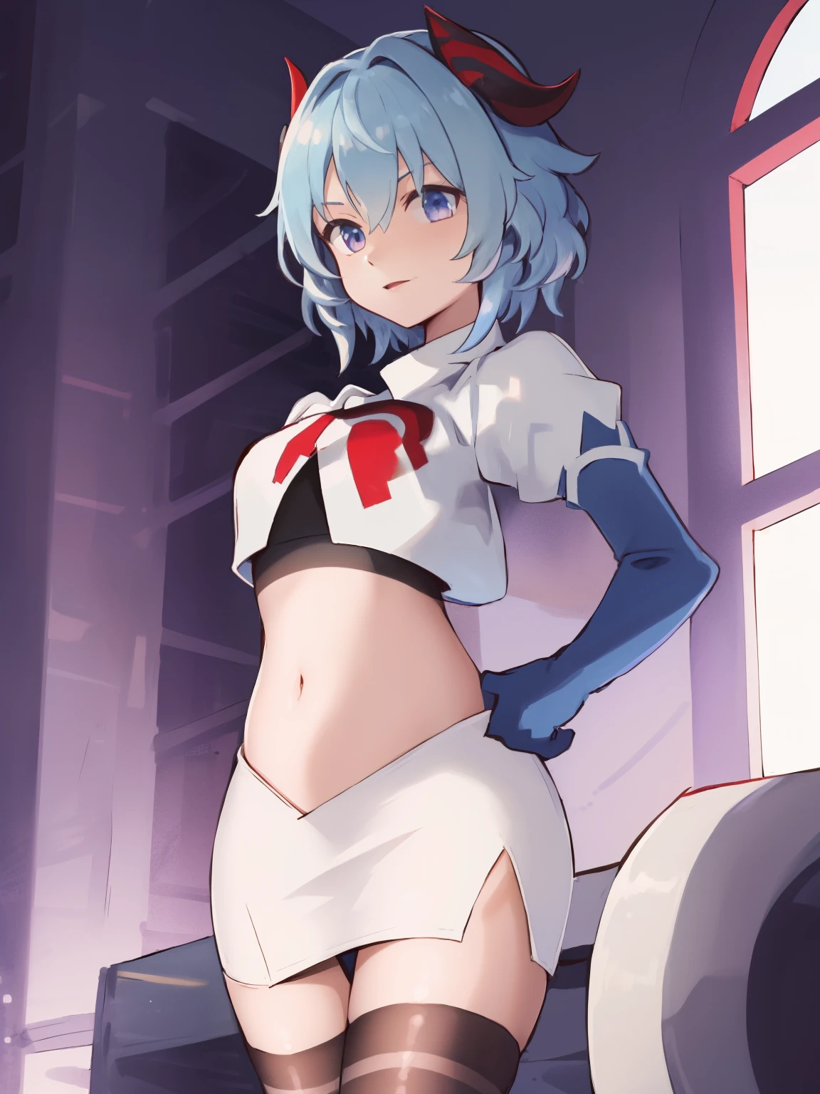 ganyudef, short hair, light blue hair, horns on head, neck bell,team rocket,team rocket uniform, red letter R, white skirt,white crop top,black thigh-highs,black elbow gloves