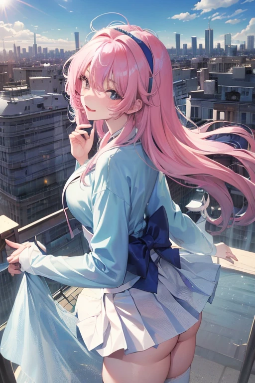 official art, masterpiece, sharp focus, (Beautiful gorgeous lovely Korean women:1.3), (Beautiful cute korean woman:1.3), Korean beauty, Fine and beautiful hair, Eye & Face, actual, Super detailed, Pretty girl, blue sky, Luminous white particles, (side light:1.2), sunshine, Baiyun, granular cloud, thin and long, Lovely oversized breasts and oversized butt, smile with teeth, ((用Eye微笑, open your eyes)), landscape, long, straight hair, sexy facial expression, architecture, (city View:1.7), dynamic hair, long, straight hair, Detailed platinum pink hair, Glow Blue Eye, (blue pleated shirt + white skirt), white stockings, pale skin, hair accessories, 史诗般的landscape,