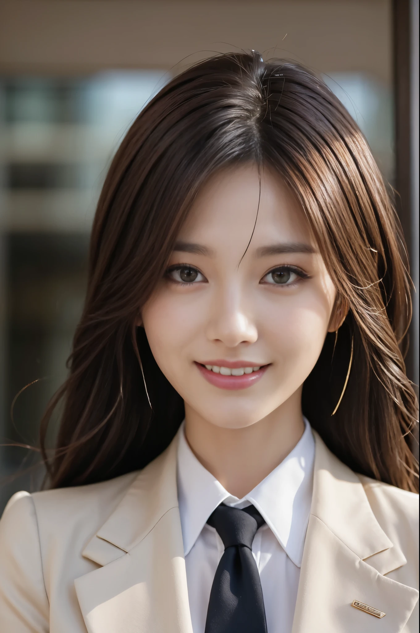 table top, best quality, realistic, very detailed, in detail, high resolution, 8k wallpapers, 1 beautiful woman,, Light brown messy hair, in a business suit, sharp focus, Complete dynamic configuration, beautiful and delicate eyes, detailed hair, 섬세하고 realistic 피부 결, laughing, Close-up portrait, Model Body Type