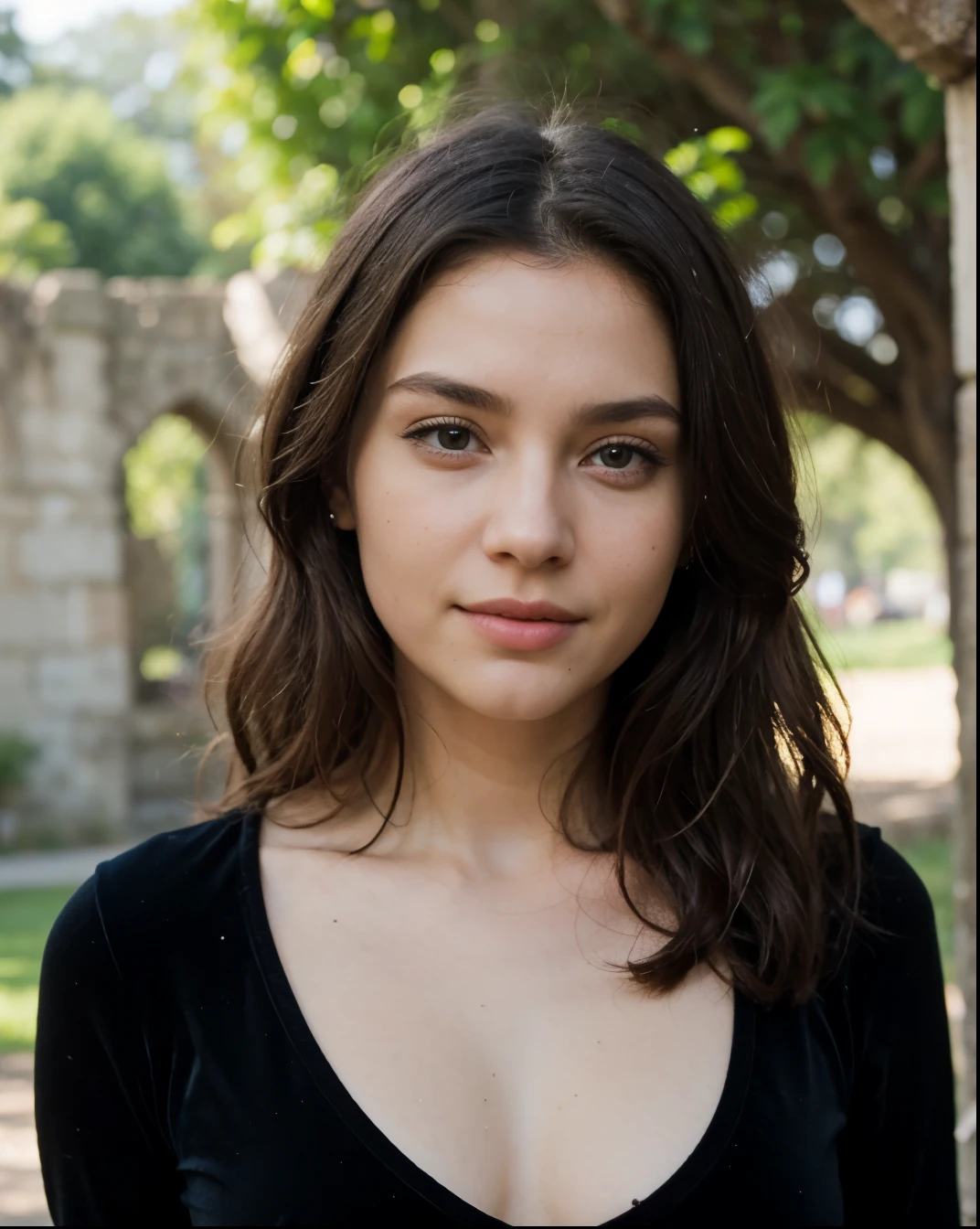Cute beautiful sexy European light-green-eyed brunette, 22 years old,
girl in a black velvet dress, stylish velvet dress, full body view, velvet black dress, black dress, elegant dress, castle ruins, nature, pumps, full body view, waling,
innocent face, face-length 1.3 times the face-width, almond-shaped eyes, squared face-shape, high cheekbones, naturally wavy hair, light-green eyes, high-res, masterpiece, best quality, intricate details, very detailed, sharp focus, detailed skin, realistic skin texture, texture, detailed eyes, professional, 4k, charming smile, shot with Canon, depth of field, Kodak Vision color, perfectly fitting body, extremely detailed, photo_\( ultra\), photorealistic, realistic, post processing, maximum details, roughness, real life, ultrarealistic, photorealism, photography, 8k UHD, photography