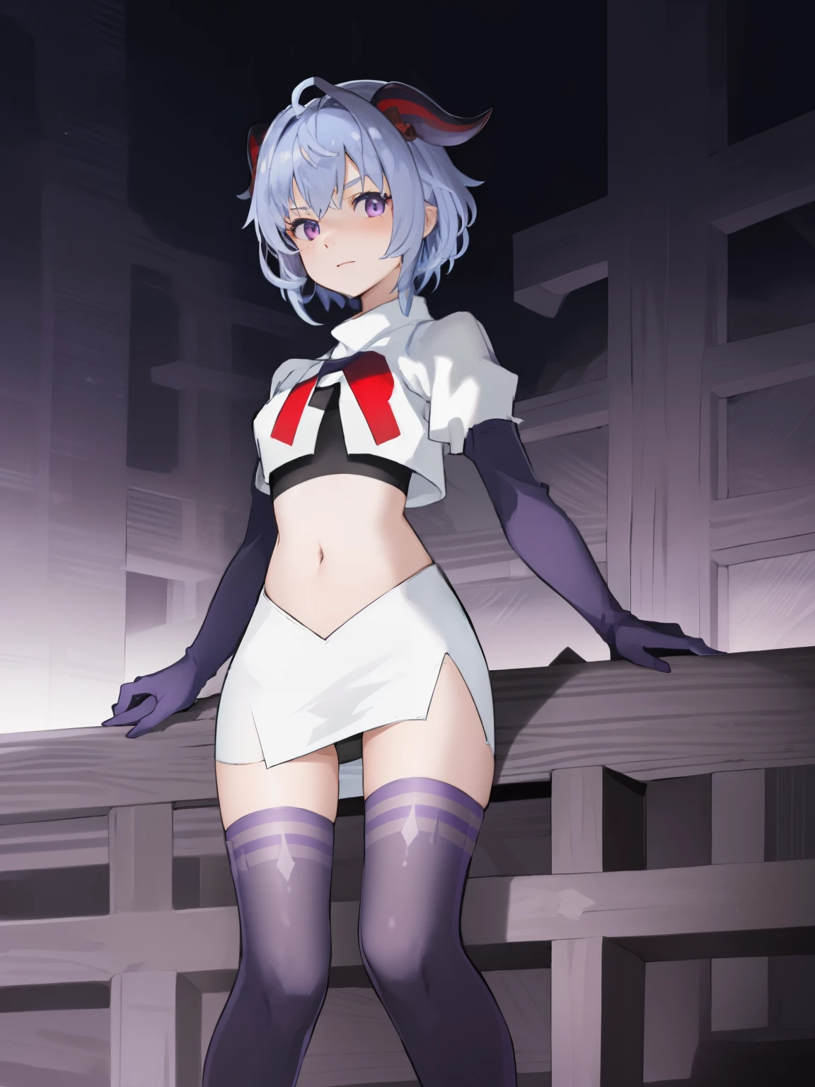 ganyudef, violet eyes,short hair, light blue hair, horns on head, neck bell,team rocket,team rocket uniform, red letter R, white skirt,white crop top,black thigh-highs,black elbow gloves