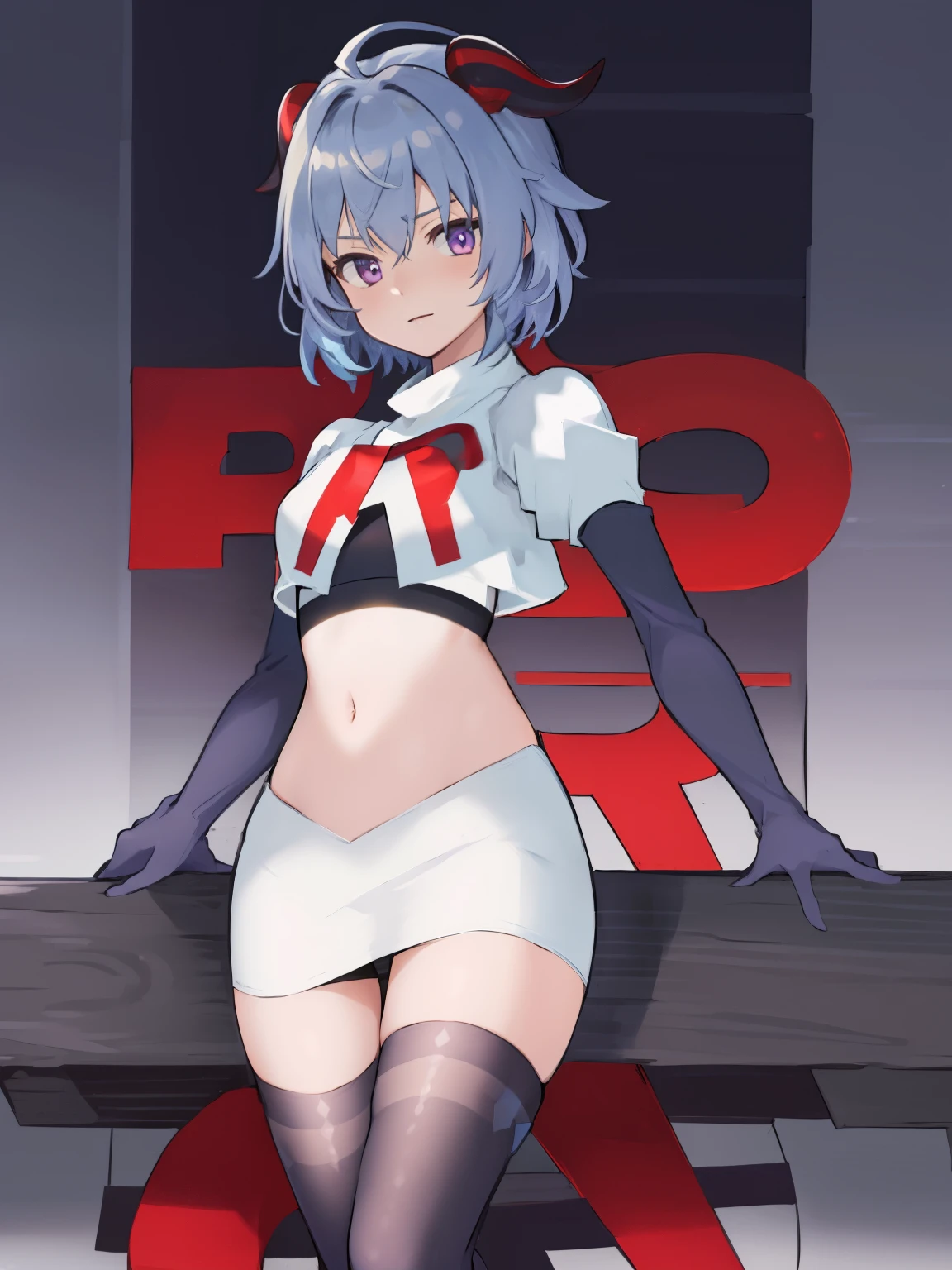 ganyudef, violet eyes,short hair, light blue hair, horns on head, neck bell,team rocket,team rocket uniform, red letter R, white skirt,white crop top,black thigh-highs,black elbow gloves