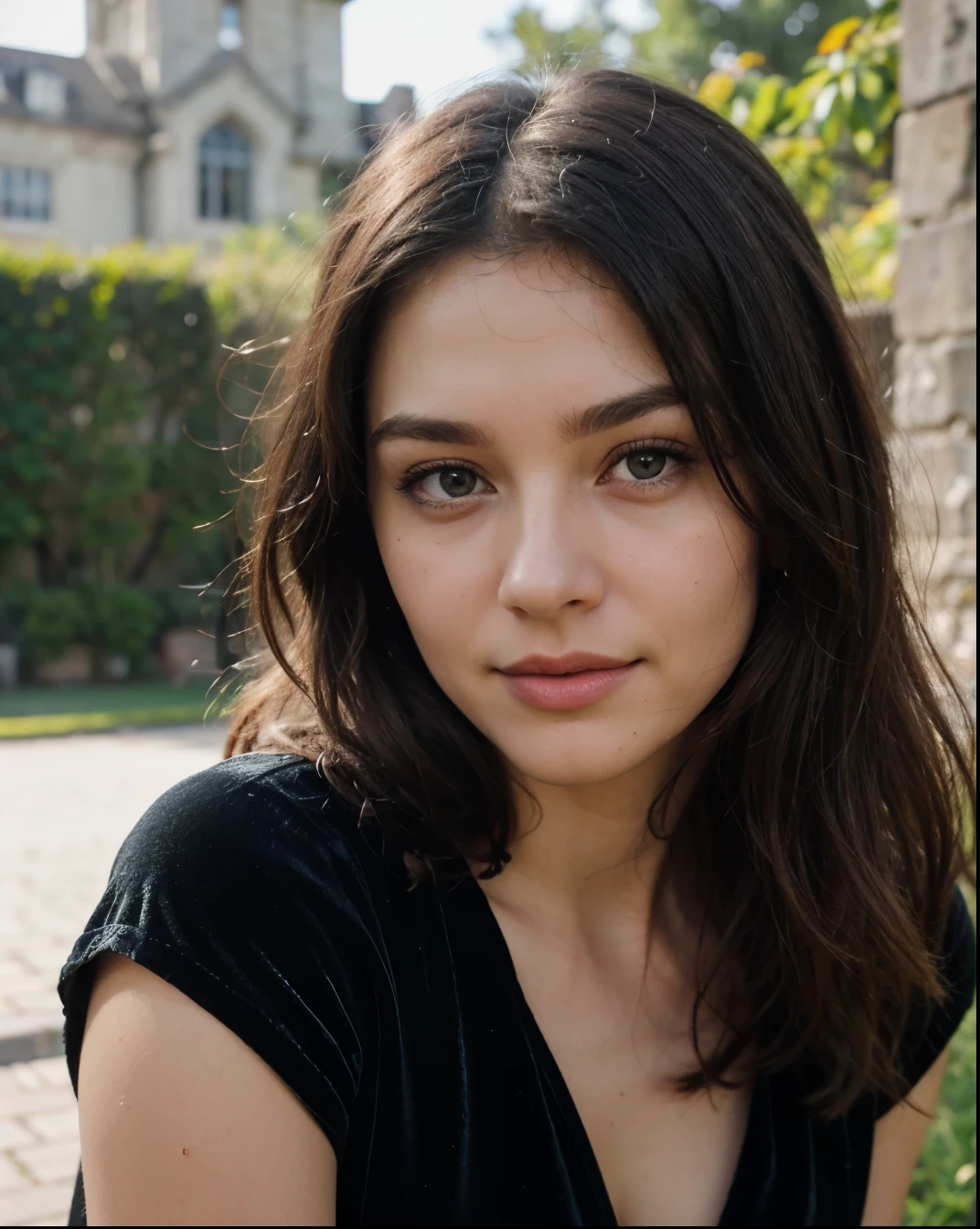 Cute beautiful sexy European light-green-eyed brunette, 22 years old,
girl in a black velvet dress, stylish velvet dress, full body view, velvet black dress, black dress, elegant dress, castle ruins, nature, pumps, full body view, waling,
innocent face, face-length 1.3 times the face-width, almond-shaped eyes, squared face-shape, high cheekbones, naturally wavy hair, light-green eyes, high-res, masterpiece, best quality, intricate details, very detailed, sharp focus, detailed skin, realistic skin texture, texture, detailed eyes, professional, 4k, charming smile, shot with Canon, depth of field, Kodak Vision color, perfectly fitting body, extremely detailed, photo_\( ultra\), photorealistic, realistic, post processing, maximum details, roughness, real life, ultrarealistic, photorealism, photography, 8k UHD, photography