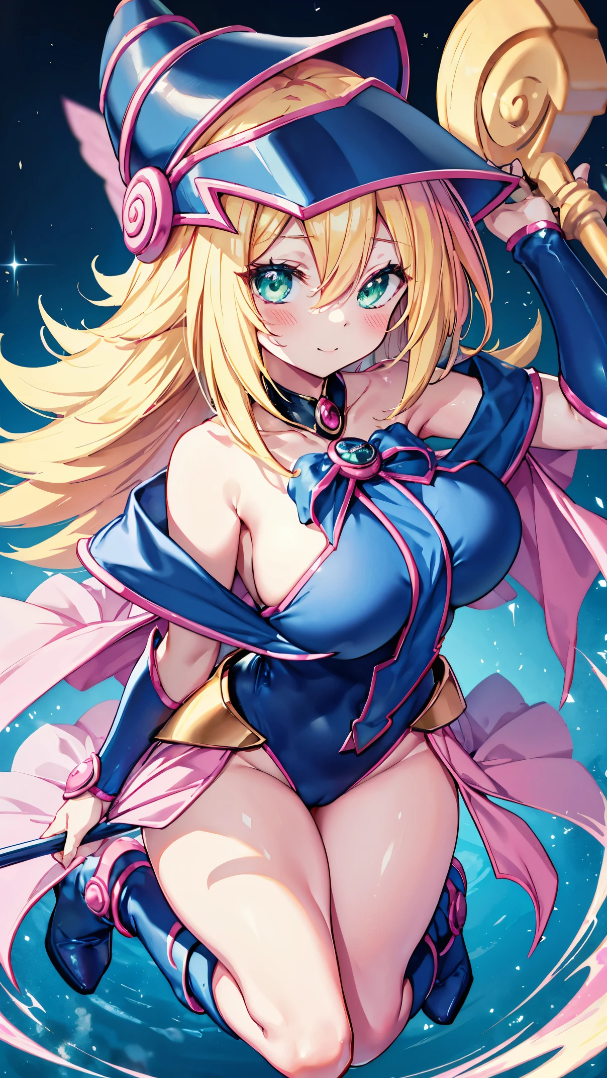 Black Magician Girl、super breasts、thick thighs、blonde hair、magic circle、8K, 4k, highest quality, High resolution: 1.2),winking、One breast exposed、cute anime face、Pink blush on cheeks、noise removal、Leotard that bites into、have a cane、Hold your cane、Rear view、Turning around、full body portrait、T-back that digs into your butt、Glowing green eyes、Laughter