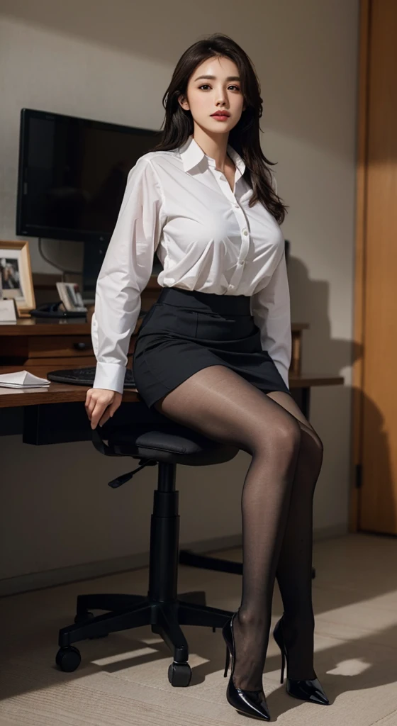 (masterpiece), ((best quality)), (masterpiece,best quality,official art,Extremely detailed CG unified 8k wallpaper),, a lady，alone,Elegant upper class elite secretary wearing business shirt,perfect appearance，Double eyelid eyes，Exquisite makeup， working in an office,Wearing a smart business suit, Wear pantyhose,穿高档High heel,Girl in shirt, wearing a suit,(((huge :1.2))),Violence,, Wear a shirt and skirt, Woman in a suit, business attire，chair，sitting position，an your legs，High heel，view viewer，bright，Intricate detail focus,from below,Loyal female secretary，absolute obedience，Wait for the command