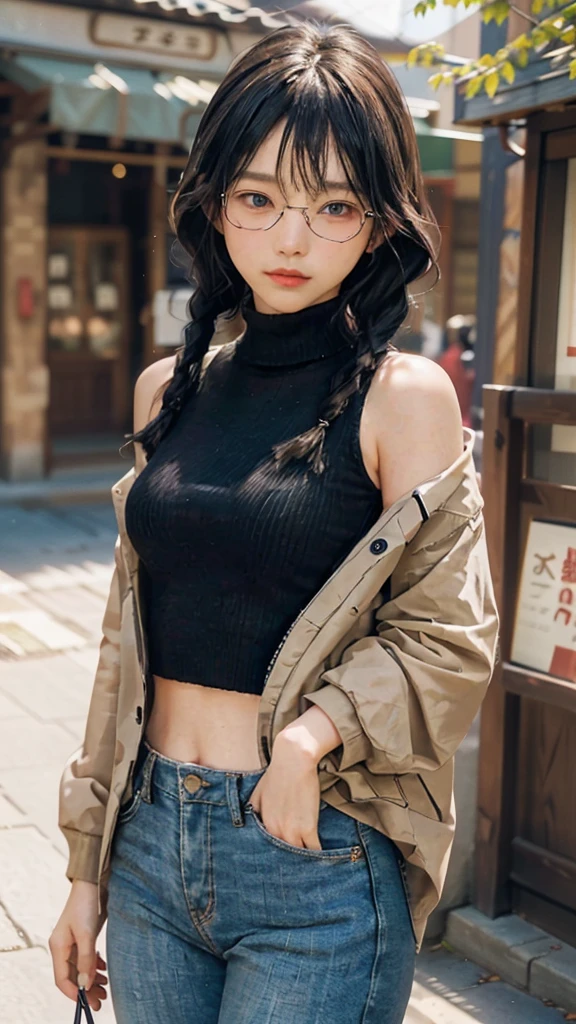 masterpiece, highest quality, one woman, Japanese people in their 20s, (black hair, very short hair, two braids(on both shoulders), curly hair), (symmetrical beauty, small face, sharp outline, thick eyebrows, dark eyebrows, realistic eyes, double eyelid, droopy eyes, small nose, thick lips, close your mouth), (smile, shy smile), (glasses, 縁が薄いglasses, 小さいglasses, レンズが小さいglasses, square lens), (wheat-colored skin, realistic skin texture, I cup breasts, Slightly plump body type), (jacket:long beige coat, inside:black turtleneck sweater(Hem out), pants:dark blue long jeans, brown boots), (Are standing, Show the whole body, Even the shoes are shown), The background is the city, (face directly toward the camera, looking directly at the viewer, looking at the camera, The whole body is facing towards the viewer., whole body facing towards the camera, face looks straight into the camera).