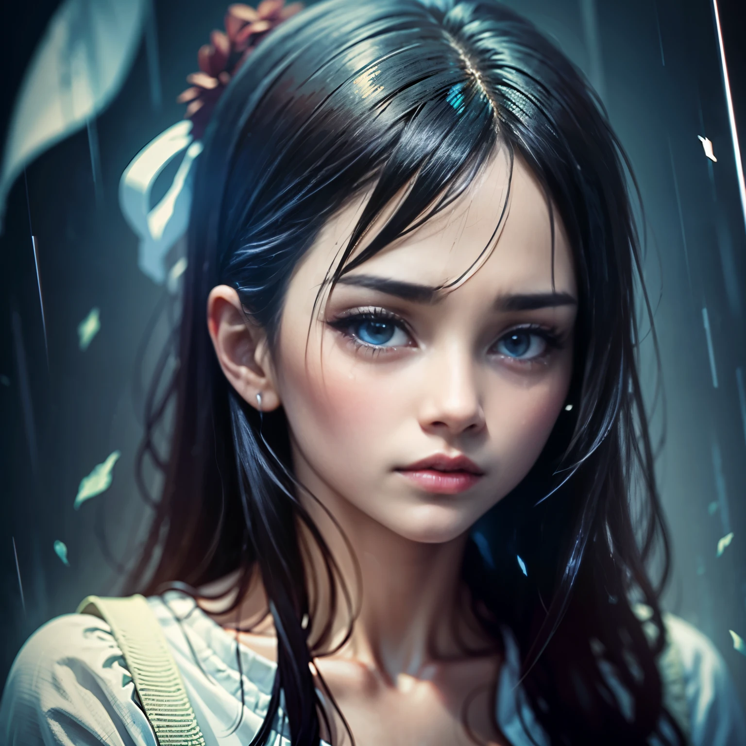 best quality, highres, beautiful woman, crying faces, under raining, wet, emotional expression, sadness, maximum despair, visceral imagery, heartbreak, empty soul, spiritual depth, dark poetry, low light ambiance, sombre tones, haunting atmosphere, abstract composition, chromatic aberration --ar 3:2.