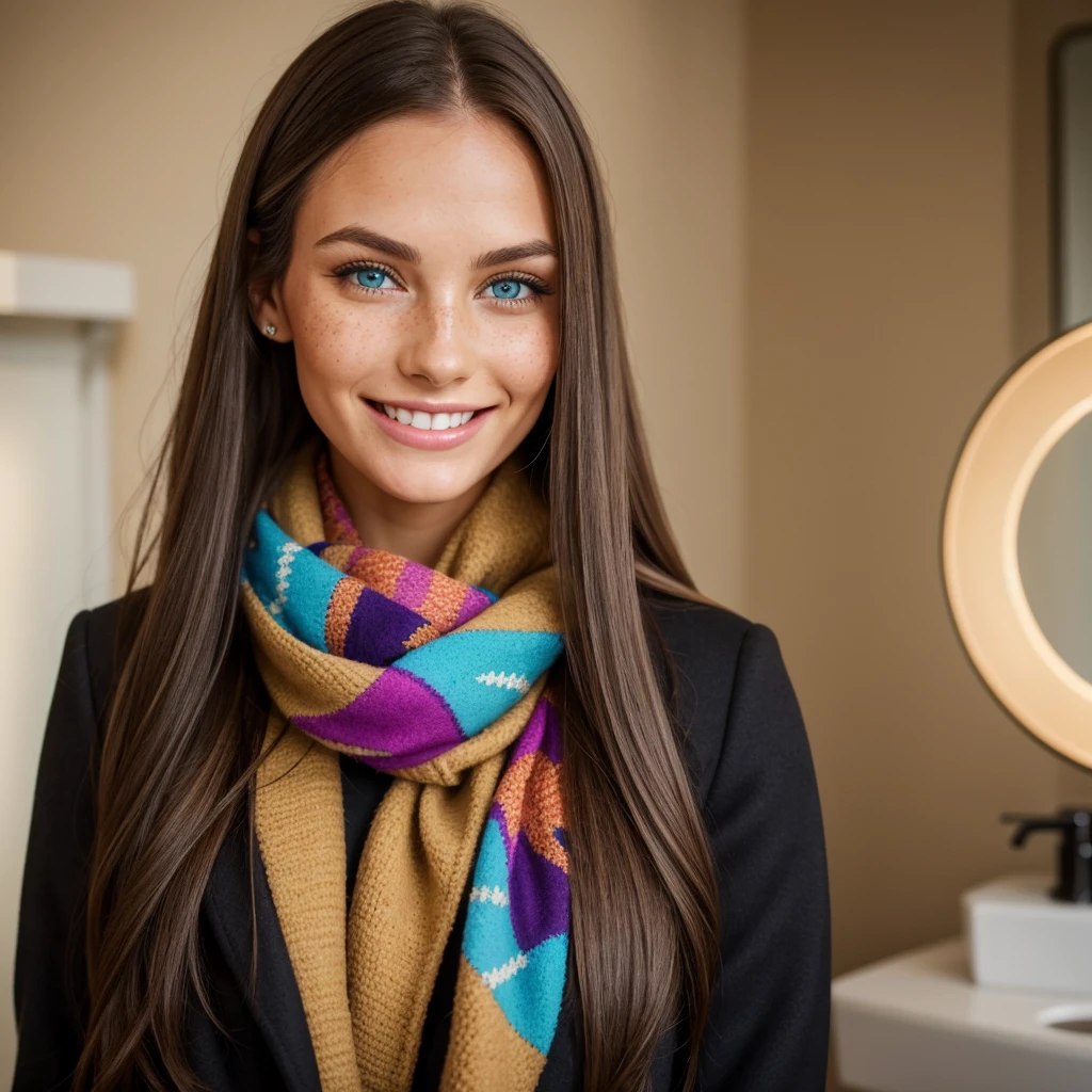 It's a beautiful real young woman with smooth long dark blond hair. Darker hairline. She is quite tall. She has a long pretty pointed nose. Sky Blue eyes. Large smile with really pretty dimples. Chin not pointy. Lightly red skin tone on her dimples. Lot of Freckles on her nose and dimples. She is wearing a long chakr coloured coat with black shoes. She has a really gorgeous colourful scarf around her neck and hair. Looking at her in a mirror in the bathroom while smiling