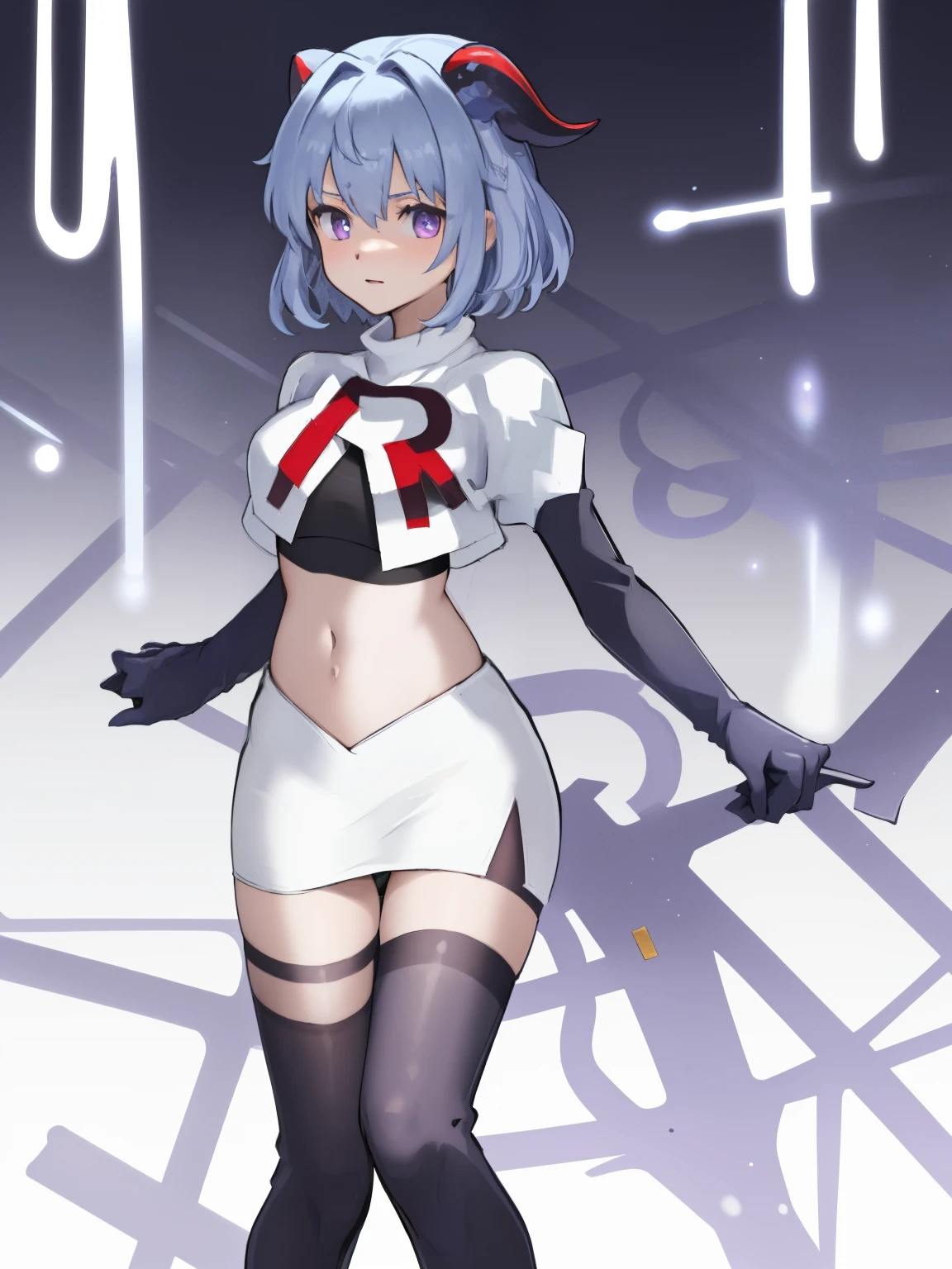 ganyudef, violet eyes,short hair, light blue hair, horns on head, neck bell,team rocket,team rocket uniform, red letter R, white skirt,white crop top,black thigh-highs,black elbow gloves