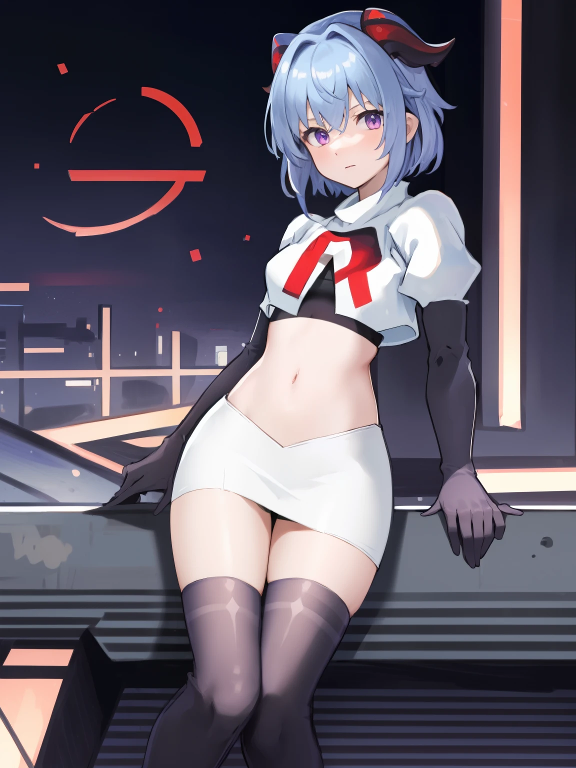 ganyudef, violet eyes,short hair, light blue hair, horns on head, neck bell,team rocket,team rocket uniform, red letter R, white skirt,white crop top,black thigh-highs,black elbow gloves