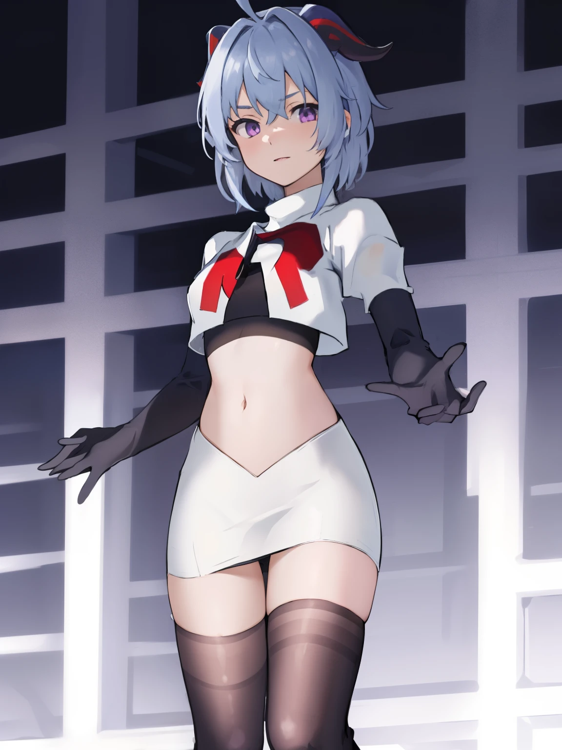 ganyudef, violet eyes,short hair, light blue hair, horns on head, neck bell,team rocket,team rocket uniform, red letter R, white skirt,white crop top,black thigh-highs,black elbow gloves