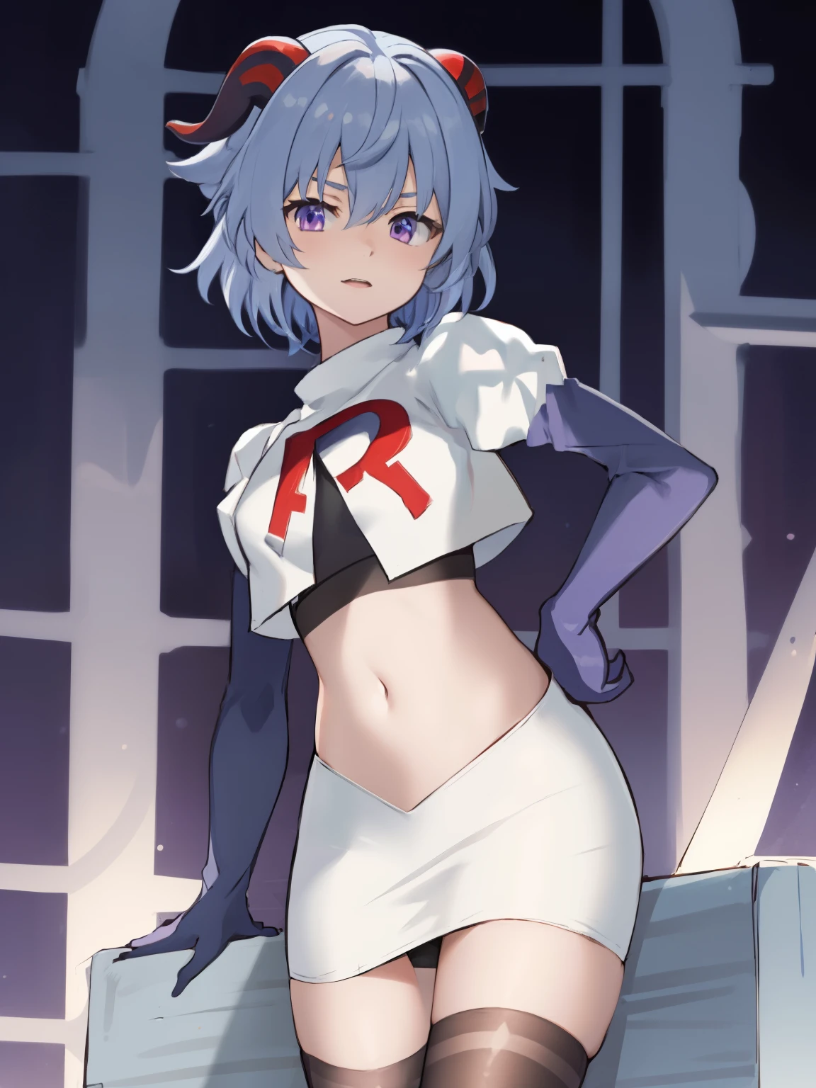 ganyudef, violet eyes,short hair, light blue hair, horns on head, neck bell,team rocket,team rocket uniform, red letter R, white skirt,white crop top,black thigh-highs,black elbow gloves