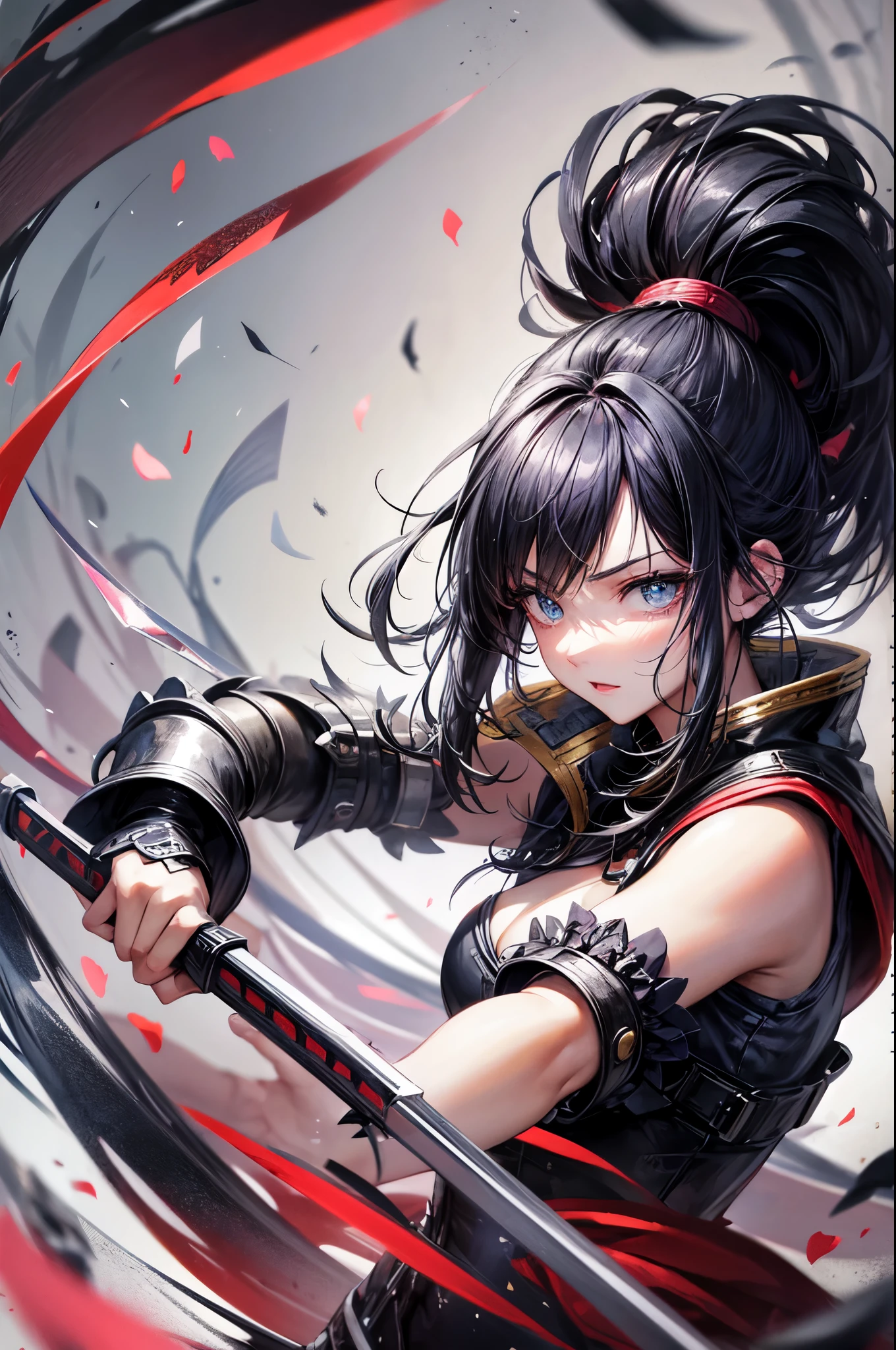 landscape, Japanese battle woman, in a fighting stance, dagger drawn, midnight, Impressive, black hair, ponytail, shiny hair, beautiful face, beautiful eyes , dynamic lighting, super fine illustrations, masterpiece, accurate, 8K, best quality, super details, ghibli style colors, high resolution, darkness