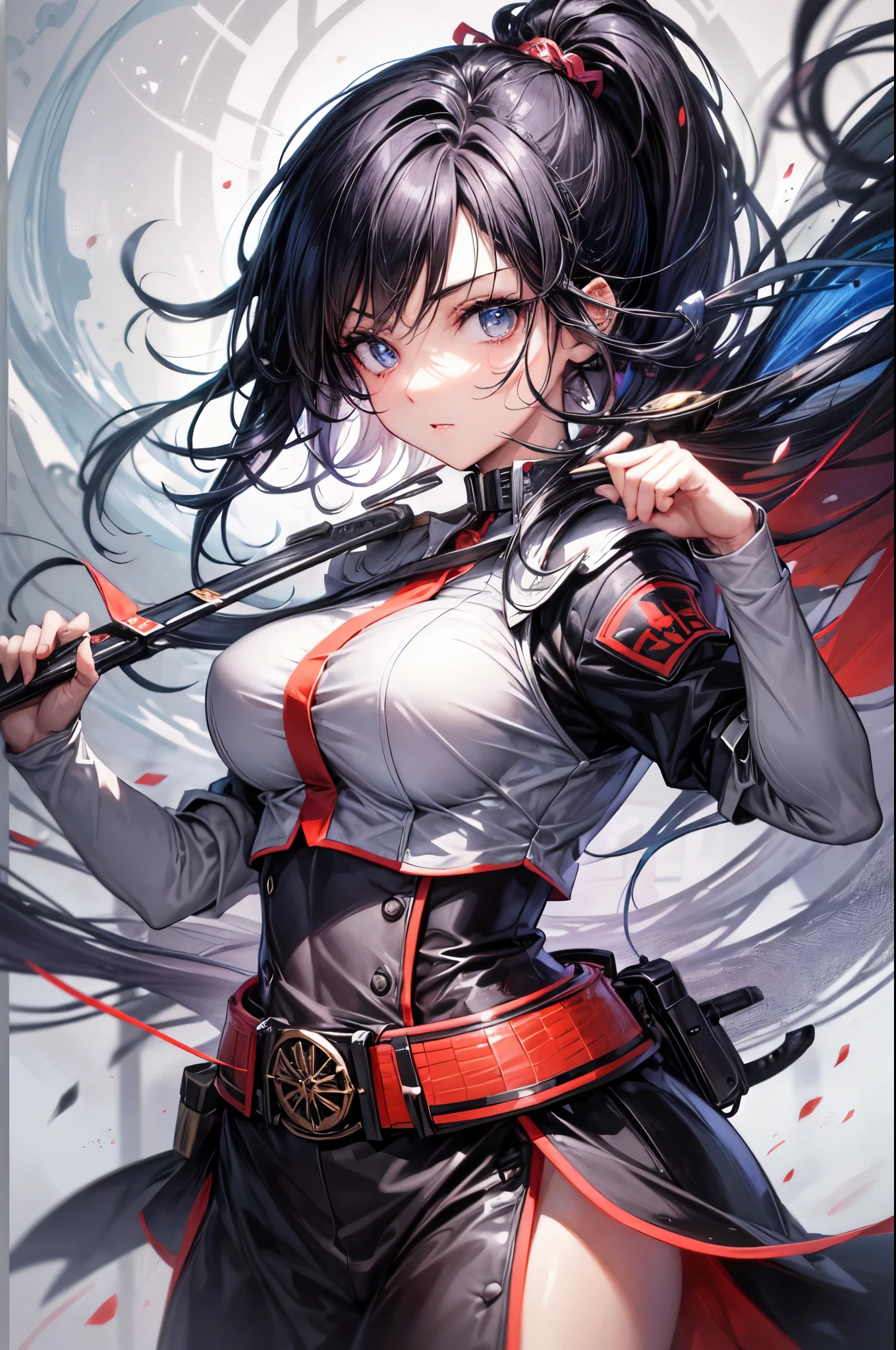 landscape, Japanese battle woman, in a fighting stance, dagger drawn, midnight, Impressive, black hair, ponytail, shiny hair, beautiful face, beautiful eyes , dynamic lighting, super fine illustrations, masterpiece, accurate, 8K, best quality, super details, ghibli style colors, high resolution, darkness