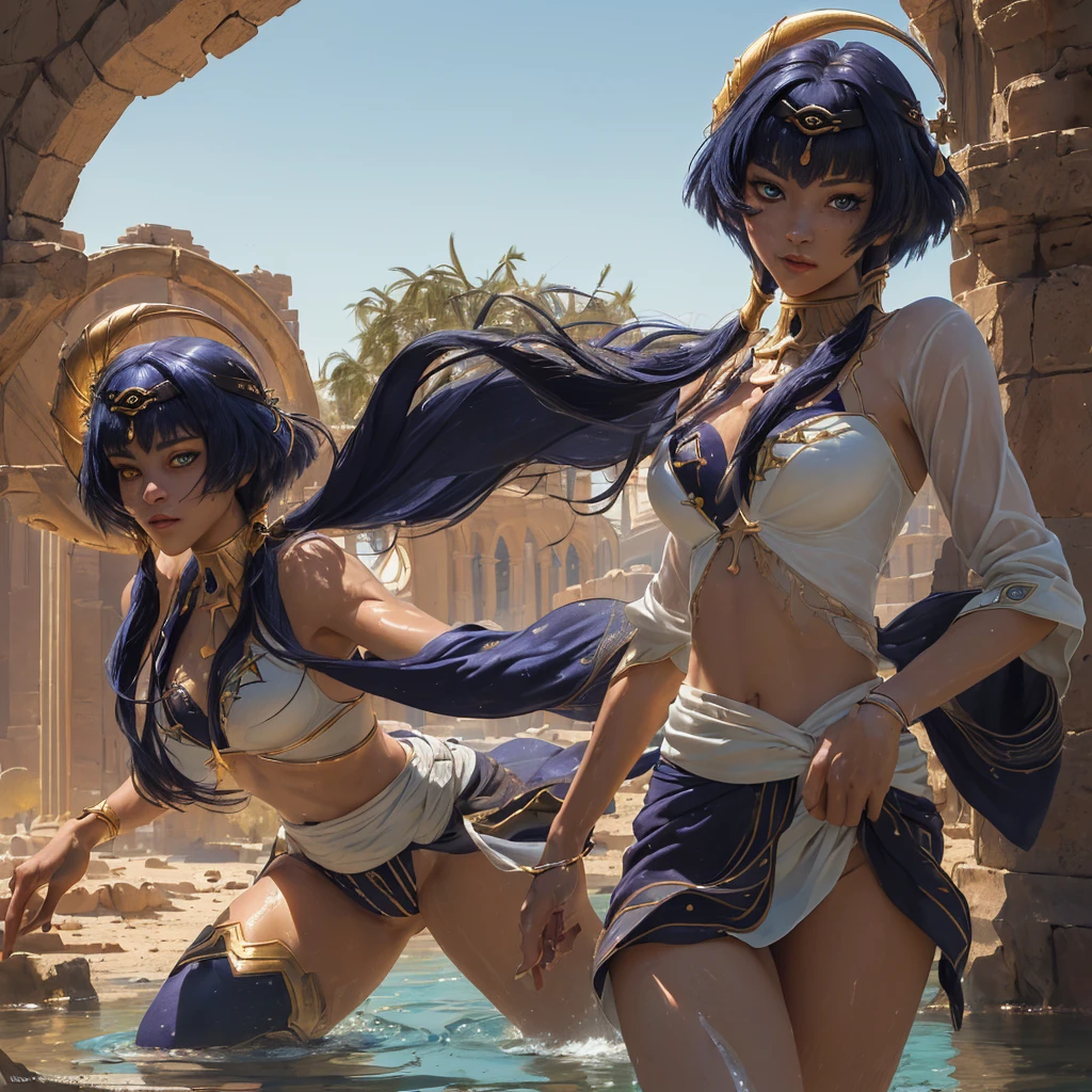 ((Best Quality, Masterpiece:1.2), Photorealistic, thick outlines, strong shadows, 1 girl, full - body, hairlong, , water magic: detailled background, Detailed Face, Background: the night, luna, Light, lock;,facial focus,(Masterpiece: 1.2), (Photorealistic: 1.2), (Best Quality), (detailed skin: 1.3), (Complex Detail)(photo-realistic: 1.4), (tmasterpiece, Side light, finely detailed beautiful eyes: 1.2), tmasterpiece*portraite of a, realisti, desert, an oasis , lance in hand, combat stance