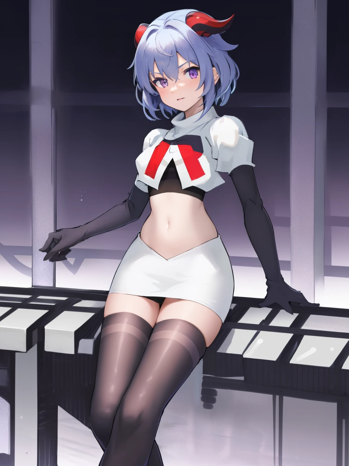 ganyudef, violet eyes,short hair, light blue hair, horns on head, neck bell,team rocket,team rocket uniform, red letter R, white skirt,white crop top,black thigh-highs,black elbow gloves
