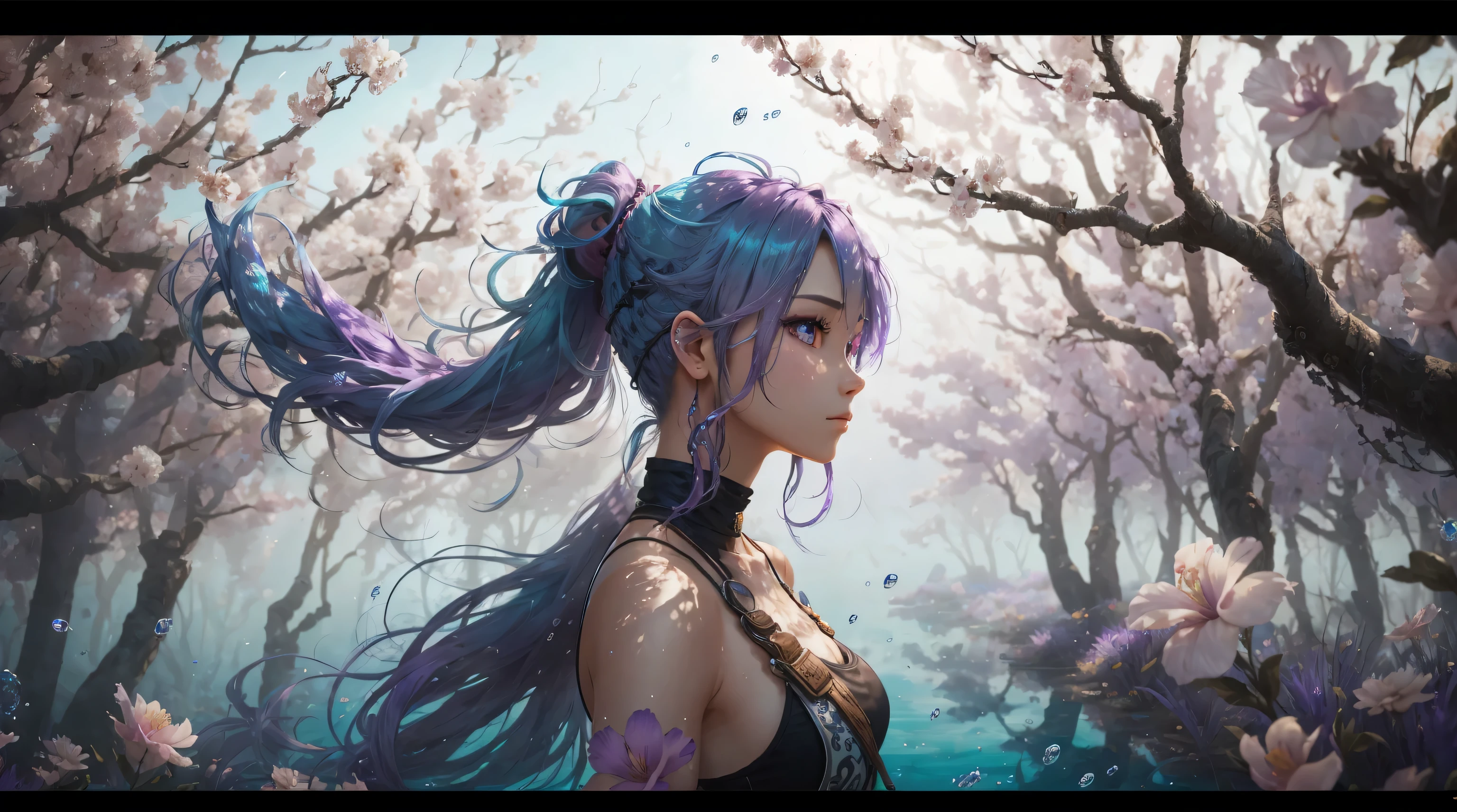 solo, beautiful female, wuxiaworld, wind blow, blossom, on the fog road, multicolored hair, blue hair, purple hair, ponytail, long hair, lonely, ray tracing, reflection light, depth of field, partially underwater shot, framed, multiple views, polar opposites, close-up, cowboy shot, masterpiece, best quality, high details, high quality, ccurate, textured skin, UHD