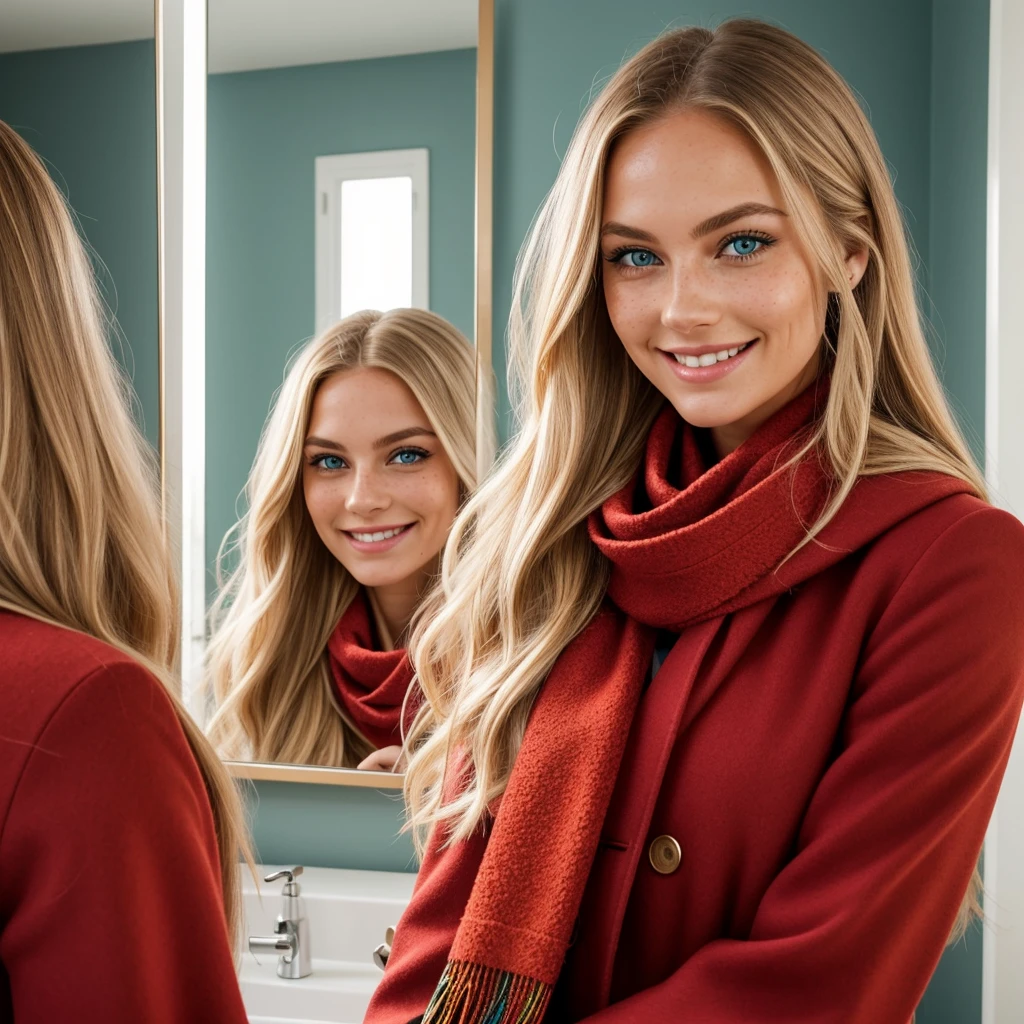 It's a beautiful real young woman with  smooth long blond hair. Darker hairline. She is quite tall. She has a long pretty pointed nose. Sky Blue eyes. Large smile with really pretty dimples. Chin not pointy. Lightly red skin tone on her dimples. Lot of Freckles on her nose and dimples. She is wearing a long chakr coloured coat with black shoes. She has a really gorgeous colourful scarf around her neck and hair. Looking at her in a mirror in the bathroom while smiling