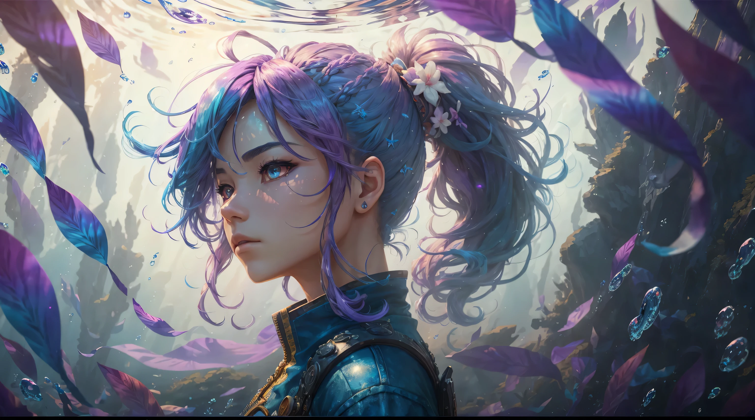 solo, beautiful female, wuxiaworld, wind blow, blossom, on the fog road, multicolored hair, blue hair, purple hair, ponytail, long hair, lonely, ray tracing, reflection light, depth of field, partially underwater shot, framed, multiple views, polar opposites, close-up, cowboy shot, masterpiece, best quality, high details, high quality, ccurate, textured skin, UHD