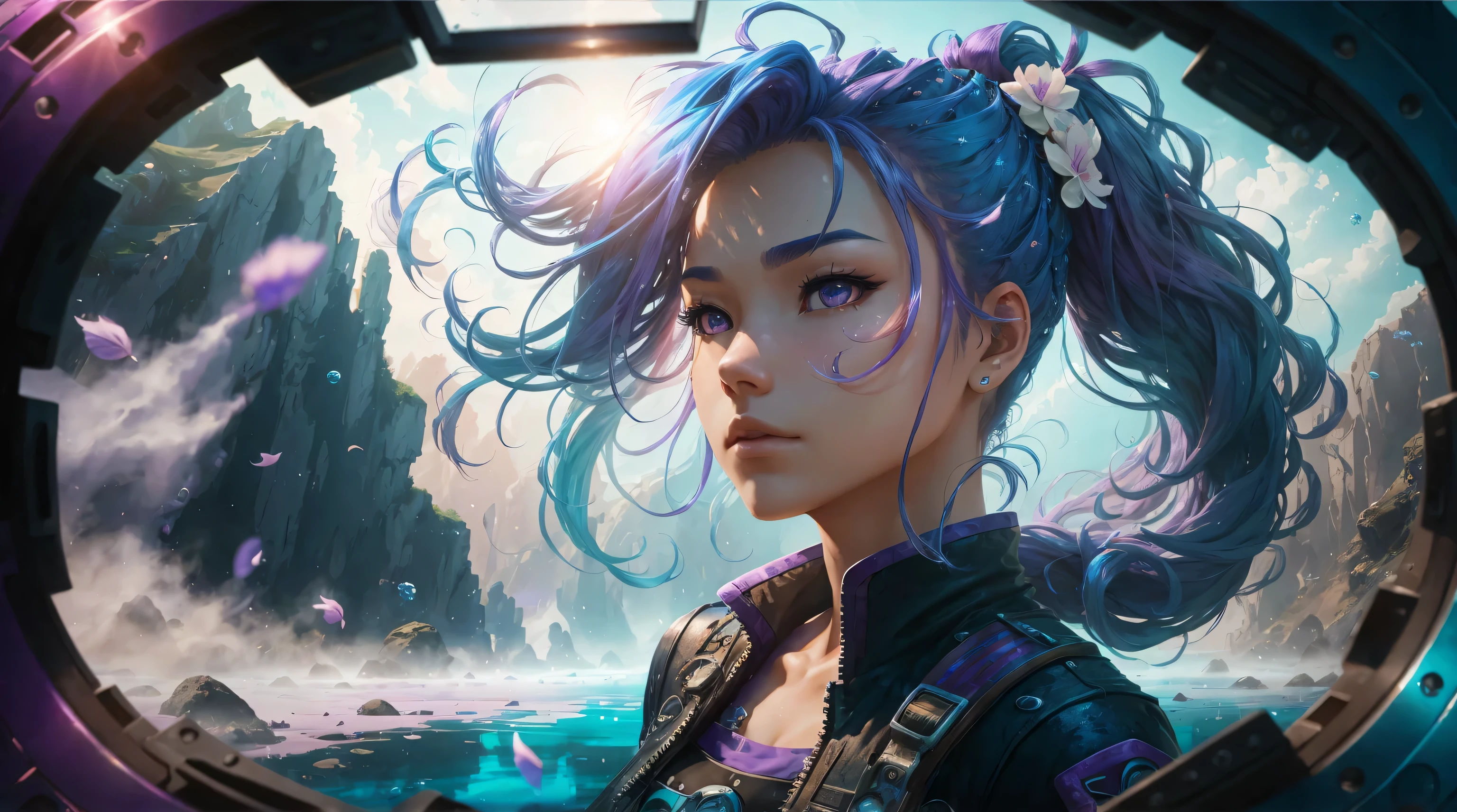 solo, beautiful female, wuxiaworld, wind blow, blossom, on the fog road, multicolored hair, blue hair, purple hair, ponytail, long hair, lonely, ray tracing, reflection light, depth of field, partially underwater shot, framed, multiple views, polar opposites, close-up, cowboy shot, masterpiece, best quality, high details, high quality, ccurate, textured skin, UHD