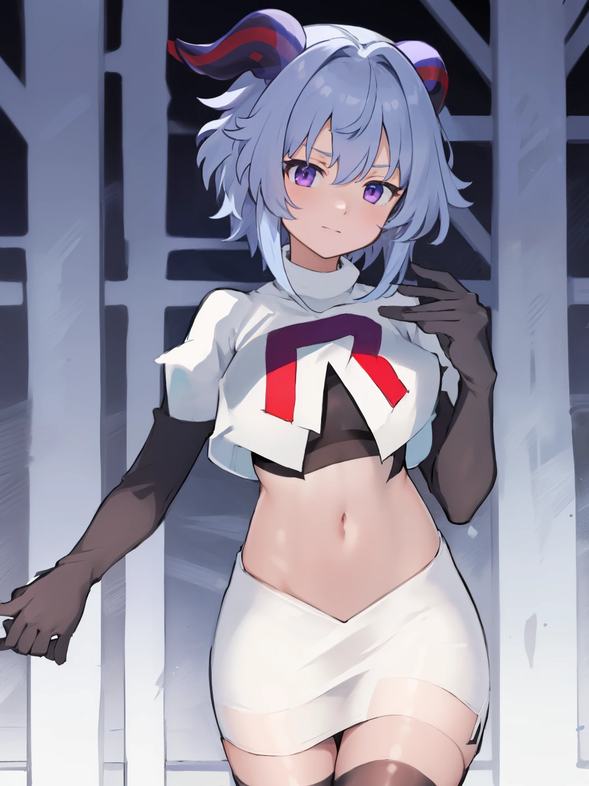 ganyudef, violet eyes,short hair, light blue hair, horns on head, neck bell,team rocket,team rocket uniform, red letter R, white skirt,white crop top,black thigh-highs,black elbow gloves