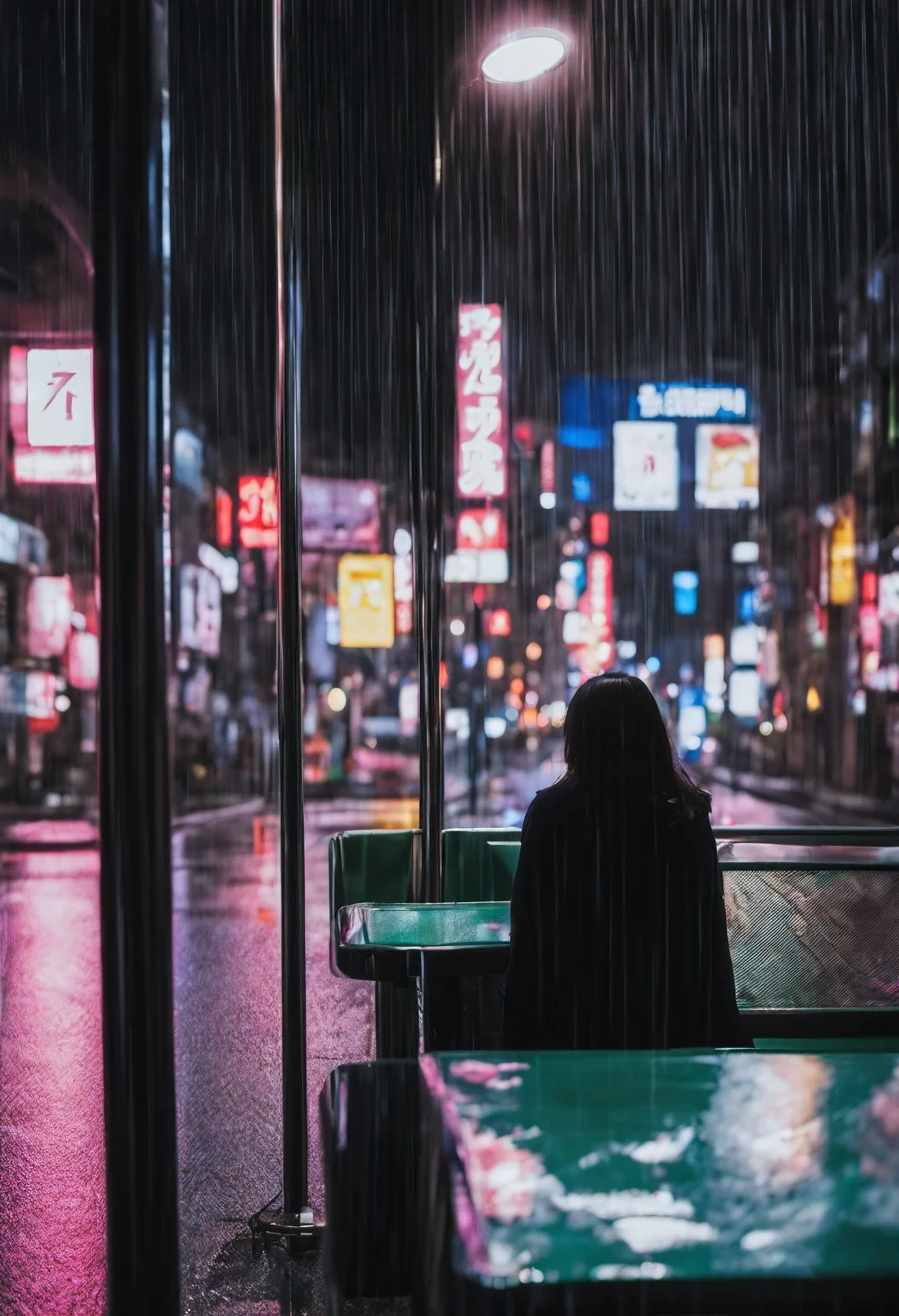 tokyo at night、heavy rain、Inside the transparent bus stop、Young Japanese woman sitting alone、listlessly、While vaguely looking at the night view。