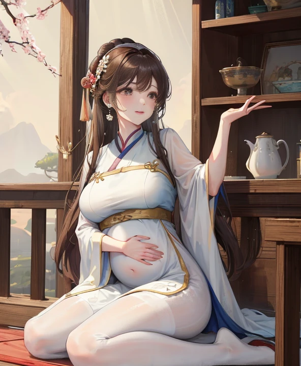 masterpiece, best quality,Five months pregnant, aldult, Chinese style, China, elder sister, Smile, brown hair, princess cut, Full of motherhood,China传统服饰,Pure affection,blush,Dignified yet lively,Mother,Place your hands on your stomach,Full of motherhood,Sexy,charming,Graceful and graceful,A thousand flavors,charming,With a royal air,long hair,With hairpins,Long Hanfu,beautiful,beautiful,The hand caressed the belly,charming的,眼神Lovely,Lovely,white pantyhose