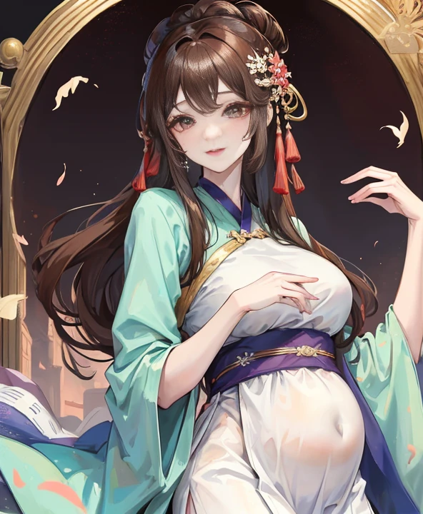 masterpiece, best quality，Five months pregnant， aldult, Chinese style, China, elder sister,  Smile, brown hair, princess cut, Full of motherhood，China传统服饰，Pure affection，blush，Dignified yet lively，Mother，Place your hands on your stomach，Full of motherhood，Sexy，charming，Graceful and graceful，A thousand flavors，charming，With a royal air，long hair，With hairpins，Long Hanfu，beautiful，beautiful，The hand caressed the belly，charming的，眼神Lovely，Lovely，white pantyhose