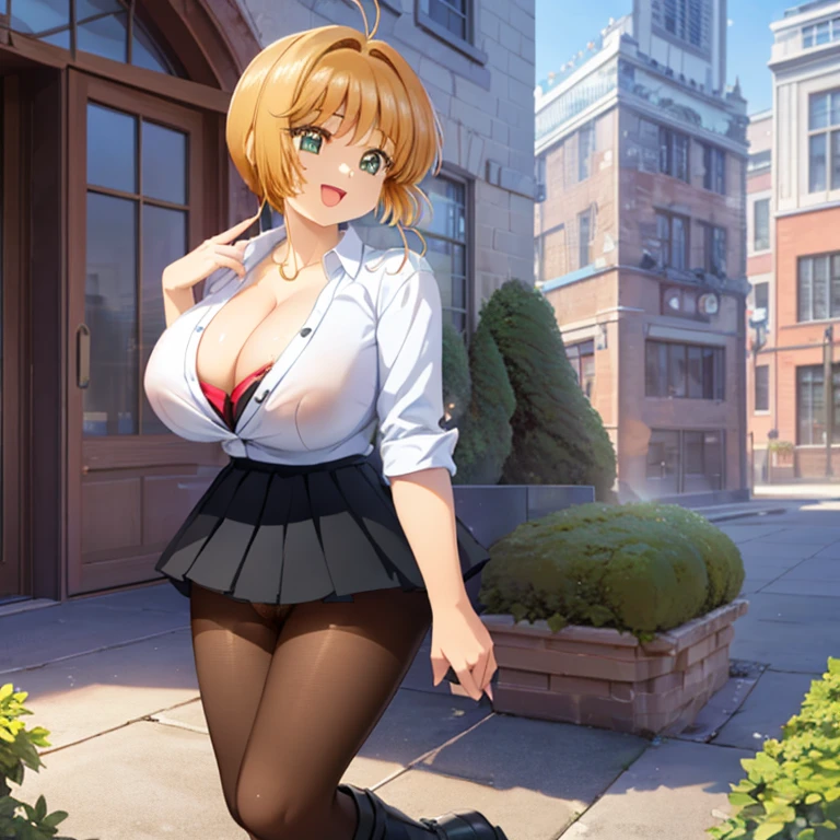 masterpiece, best quality, ultra high res, ultra-detailed, outside on a crowded square with a beautiful downtown landscape, day, sakura, (gigantic tits: 1.6), (dense pubic hair: 1.4), (school uniform with white unbuttoned shirt and giant cleavage, black pleated skirt, black pantyhose, black short boots: 1.4), areola of breasts pressing against shirt, lewd slutty face, flushed face, smiling with partially open mouth, (she is standing in a erotic pose: 1.6)