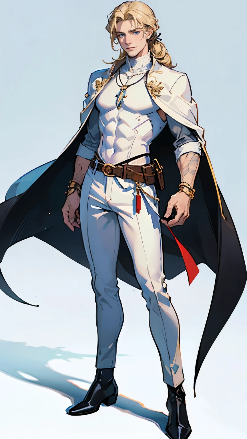 ((masterpiece,best quality,8k,highres)),((character concept art)), 1 male, young british adult male, sorcerer, 185 cm height, permed mullet hairstyle (blonde hair colour), ultra finely detailed eyes (blue eyes colour), extraordinary handsome, charming, smirk smile, warm smile, gentle smile, perfect body build ((muscular)), ((intricate detail)), super finely detailed hands, ultra finely detailed fingers(((ten fingers))), stylish sorcerer tops (white outfit colour), black long pants, pouches on waist, tool belt, black boots, big red cloak, magical necklace, magical bracelet, (standing still), (full body showcase), (show full body), (no logos on background), (no logo), ((plain background)), ((plain background)), (((empty background)))