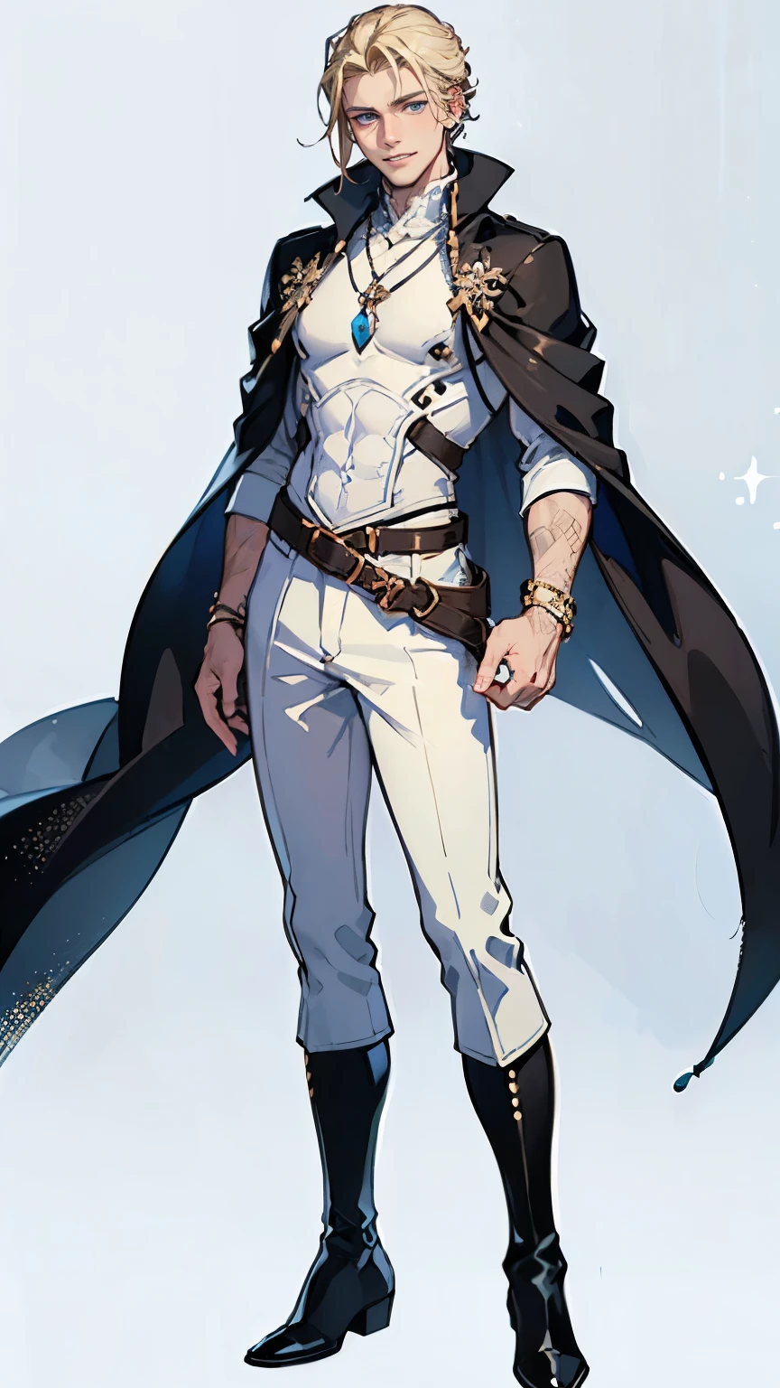((masterpiece,best quality,8k,highres)),((character concept art)), 1 male, young british adult male, sorcerer, 185 cm height, permed mullet hairstyle (blonde hair colour), ultra finely detailed eyes (blue eyes colour), extraordinary handsome, charming, smirk smile, warm smile, gentle smile, perfect body build ((muscular)), ((intricate detail)), super finely detailed hands, ultra finely detailed fingers(((ten fingers))), stylish sorcerer tops (white outfit colour), black long pants, pouches on waist, tool belt, black boots, big red cloak, magical necklace, magical bracelet, (standing still), (full body showcase), (show full body), (no logos on background), (no logo), ((plain background)), ((plain background)), (((empty background)))
