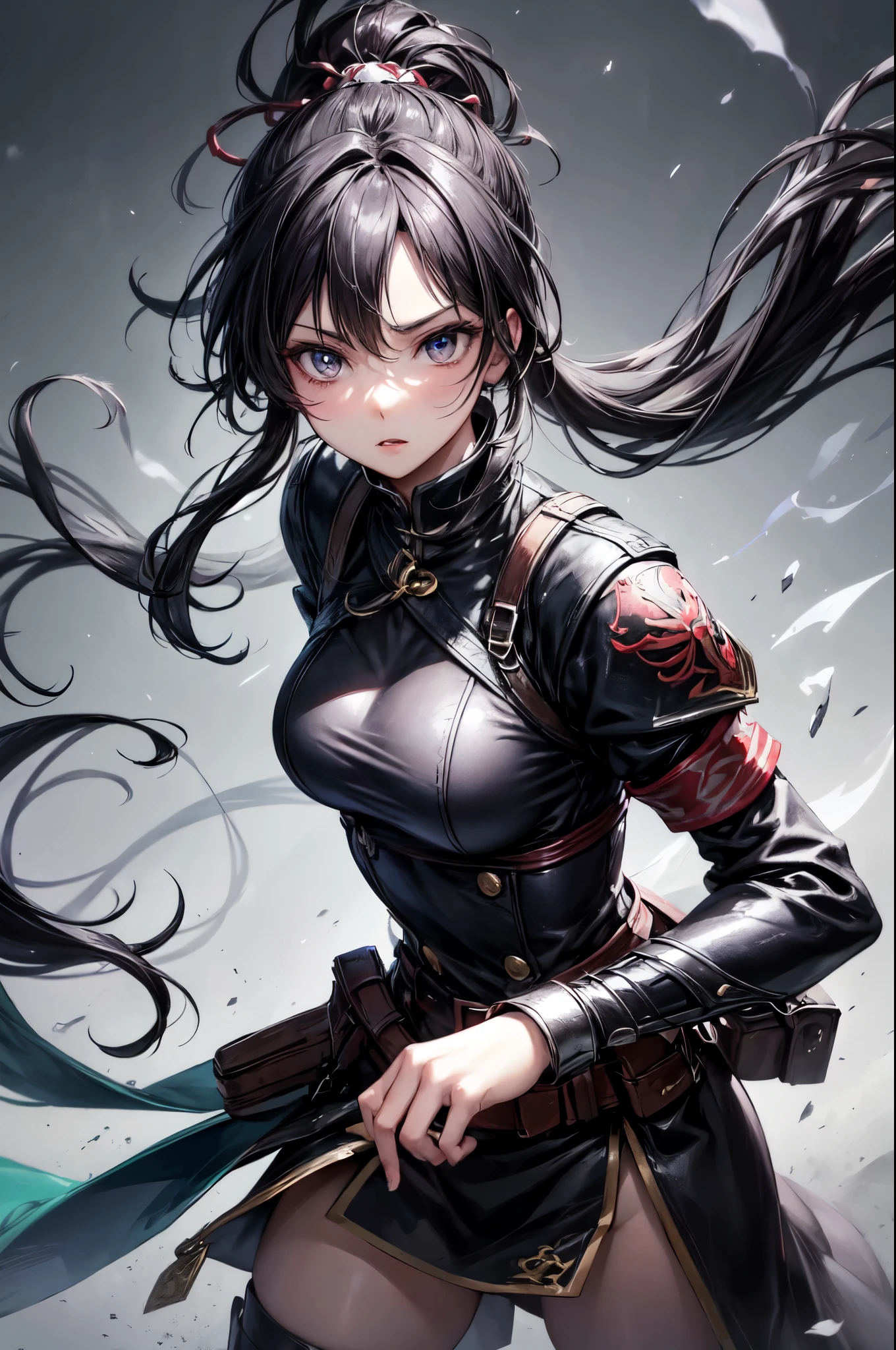 landscape, Japanese battle woman, in a fighting stance, dagger drawn, midnight, Impressive, black hair, ponytail, shiny hair, beautiful face, beautiful eyes , dynamic lighting, super fine illustrations, masterpiece, accurate, 8K, best quality, super details, ghibli style colors, high resolution, darkness