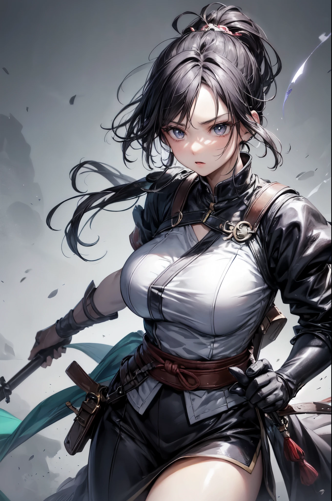 landscape, Japanese battle woman, in a fighting stance, dagger drawn, midnight, Impressive, black hair, ponytail, shiny hair, beautiful face, beautiful eyes , dynamic lighting, super fine illustrations, masterpiece, accurate, 8K, best quality, super details, ghibli style colors, high resolution, darkness