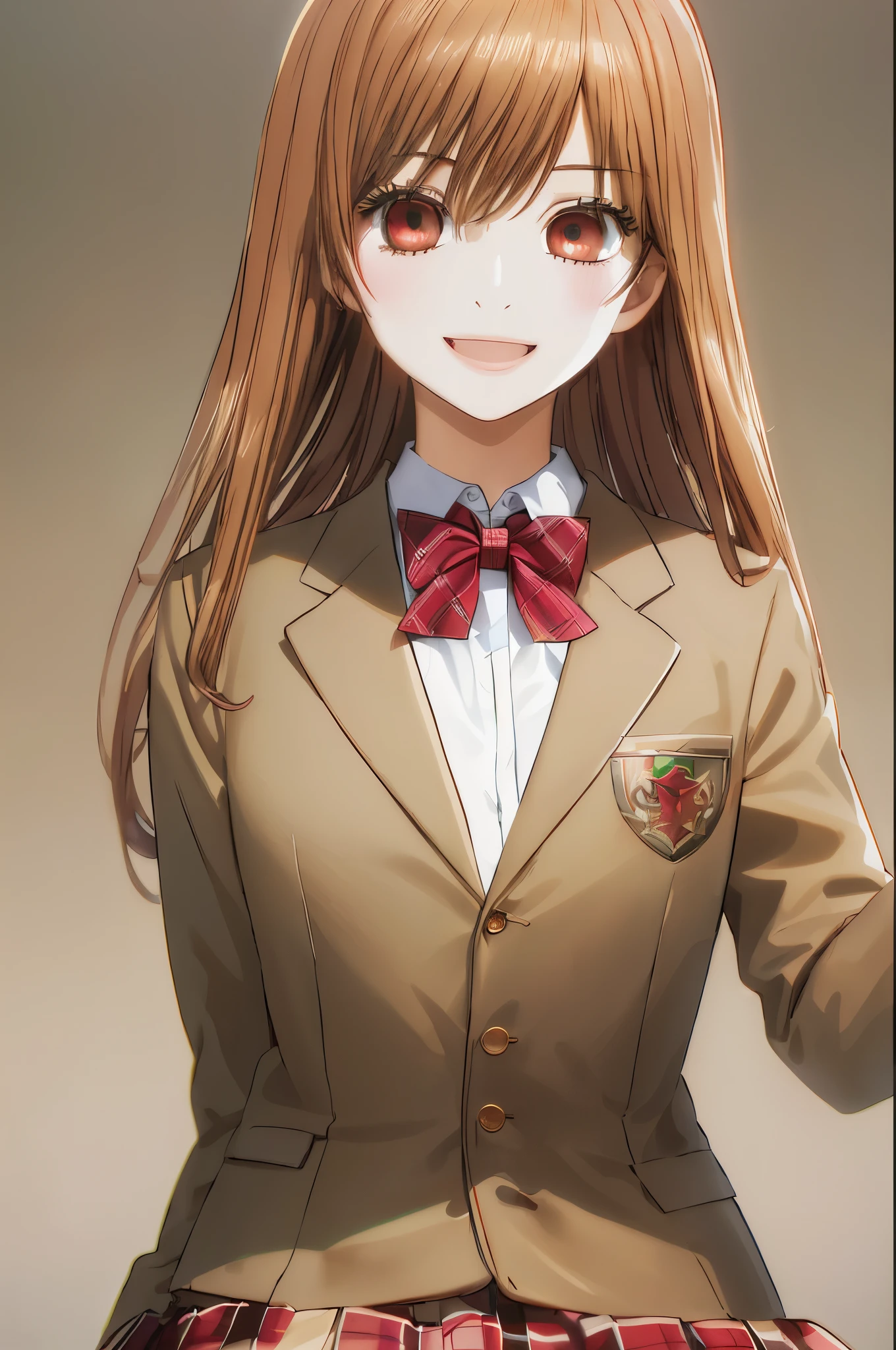 master piece, best quality, 8k, 超High resolution, highest quality, anime style, best writing, beautiful face, smile, 1 girl, open your mouth, smile, highest quality, High resolution, intricate details, highest quality, chromatic aberration, brown hair, Do not tie hair, 1 girl, alone, white collared shirt, (Beige blazer:1.3), (red and green checked skirt:1.3), (pleated skirt:1.3), (red and green checked bow tie:1.3), red green tie, long hair, thighs, long hair, (upper body:1.3), wave hands