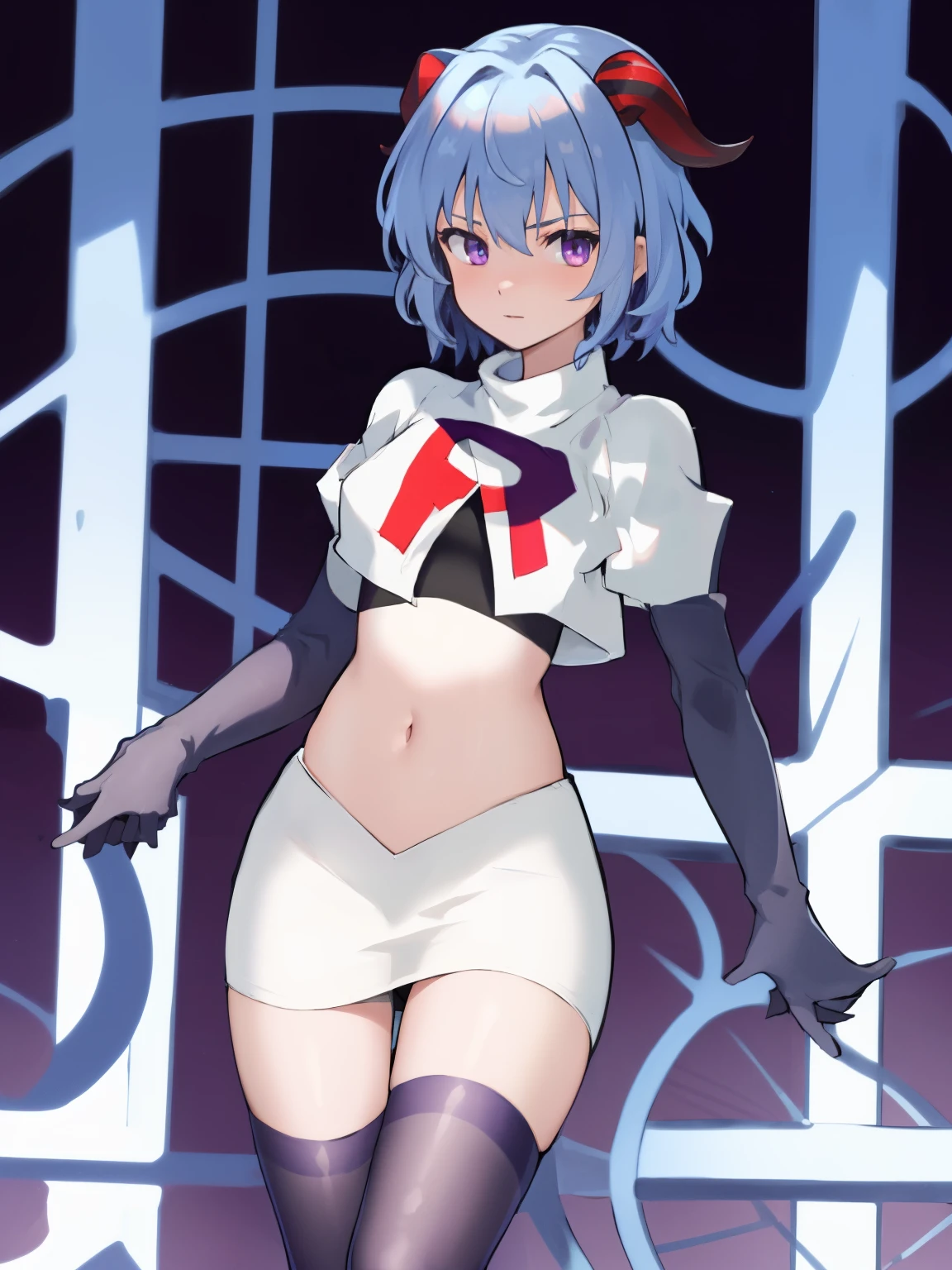 ganyudef, violet eyes,short hair, light blue hair, horns on head, neck bell,team rocket,team rocket uniform, red letter R, white skirt,white crop top,black thigh-highs,black elbow gloves
