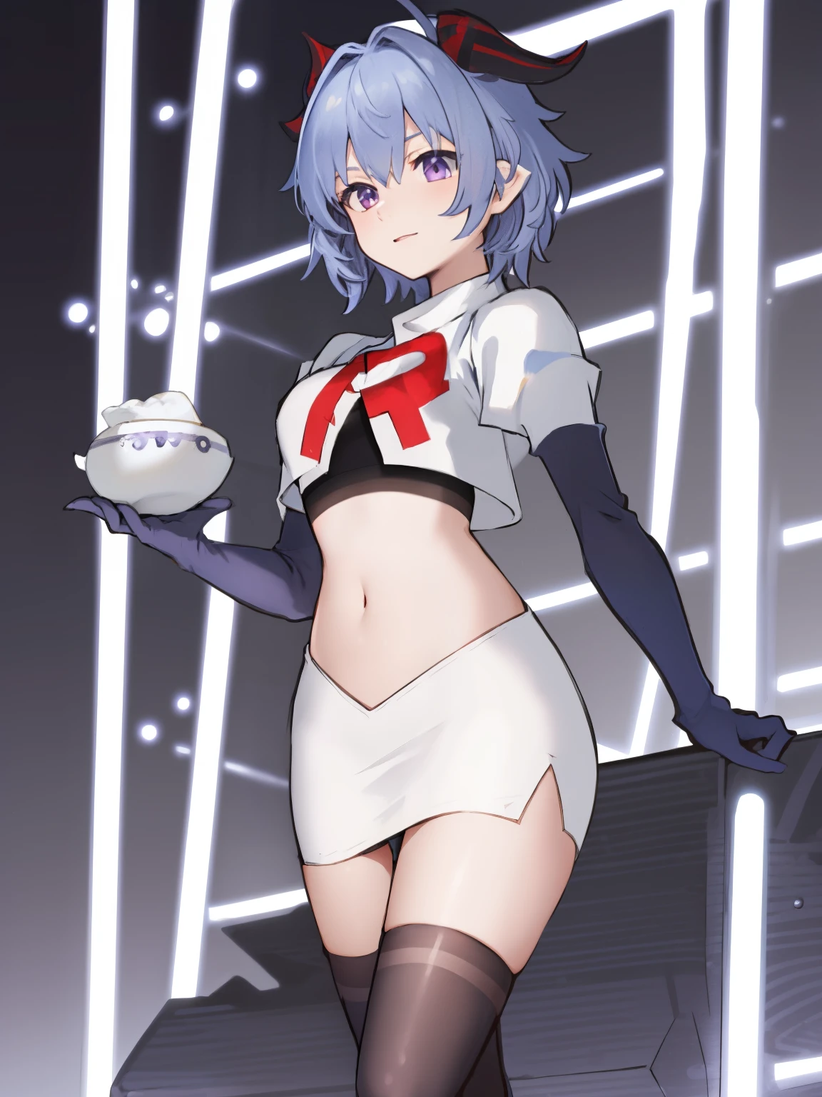 ganyudef, violet eyes,short hair, light blue hair, horns on head, neck bell,team rocket,team rocket uniform, red letter R, white skirt,white crop top,black thigh-highs,black elbow gloves