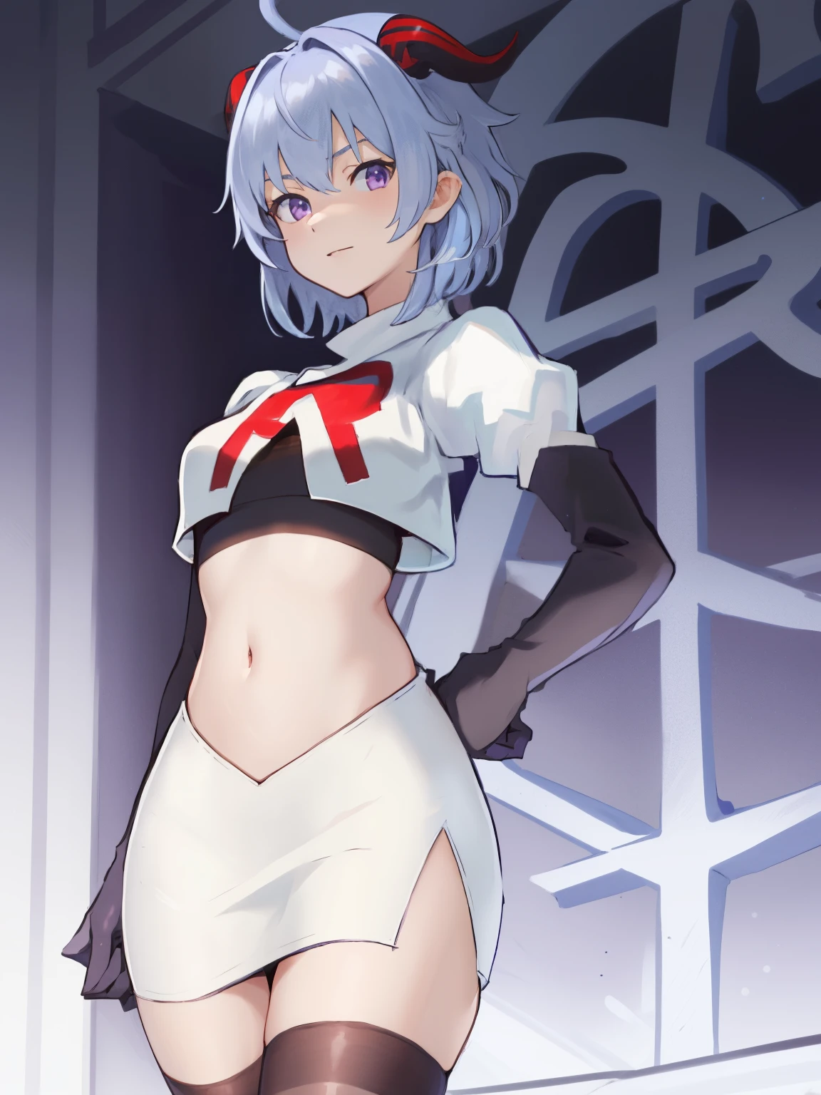 ganyudef, violet eyes,short hair, light blue hair, horns on head, neck bell,team rocket,team rocket uniform, red letter R, white skirt,white crop top,black thigh-highs,black elbow gloves